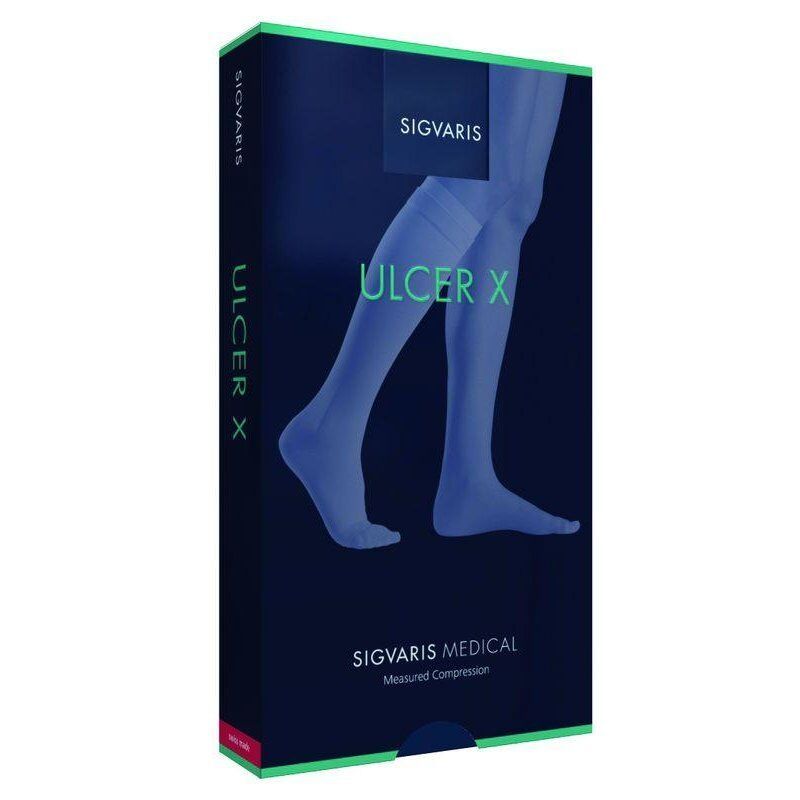 Verpackung von SIGVARIS ULCER X. Blaue Schachtel mit Produktabbildung und Logo. Text: SIGVARIS MEDICAL, Measured Compression.