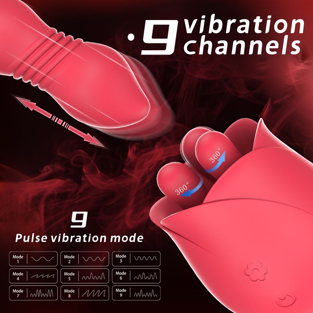Roter Vibrator mit Rosenblüten-Design und Ei-Form. Text: 9 vibration channels, 9 Pulse vibration mode.