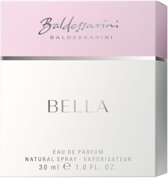 Verpackung von Baldessarini BELLA. Weißer Karton mit rosa Deckel. Aufschrift "BELLA" und "EAU DE PARFUM".
