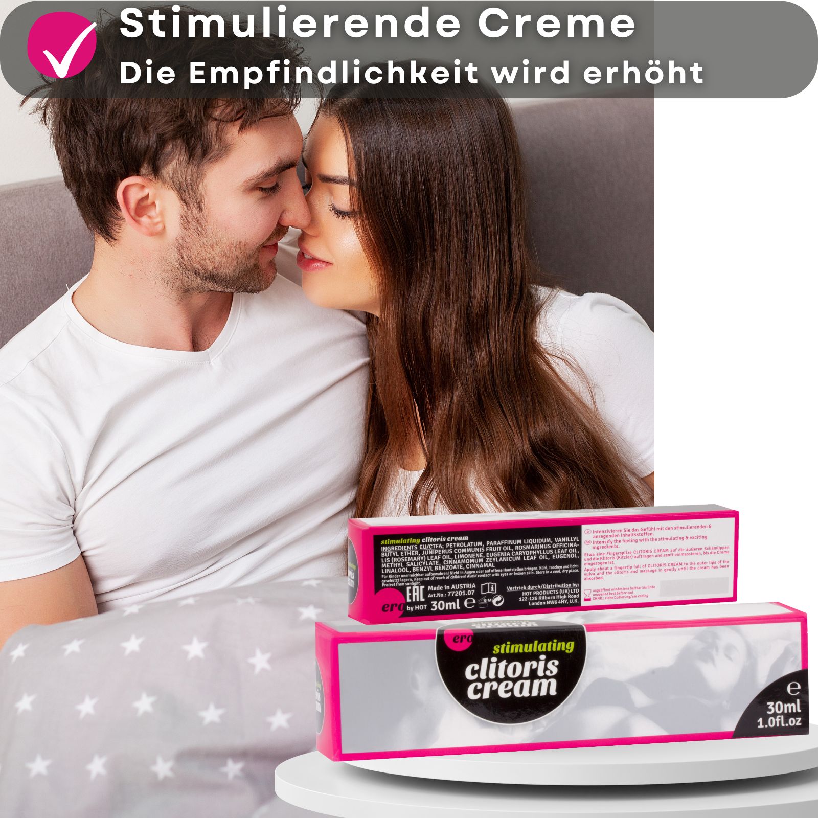 Paar im Bett. Creme-Schachtel und Tube. Text: stimulating clitoris cream. 30ml, 1.0fl.oz. Rosa Akzente.