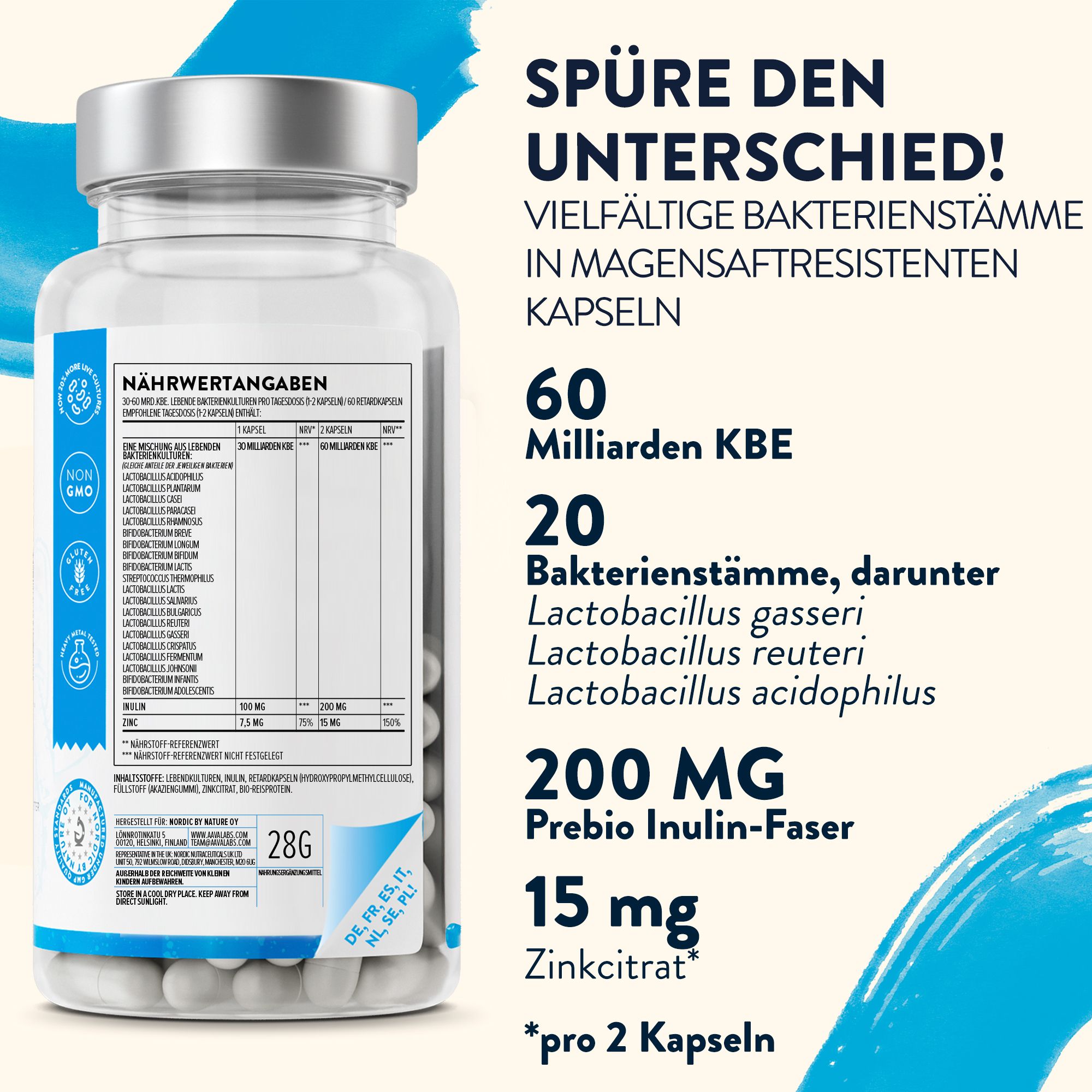 Probiolac-Flasche mit Nährwertangaben. Aufschrift: 60 Milliarden KBE, 20 Bakterienstämme, 200 mg Inulin.