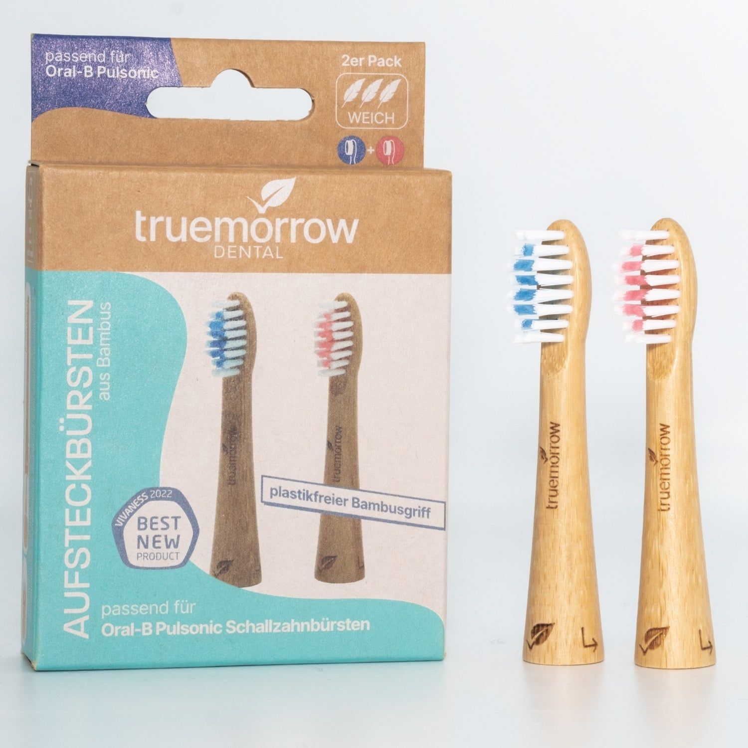 truemorrow Aufsteckbürsten aus Bambus für Oral-B Pulsonic (2er Pack), Blau/Rosa-Weich