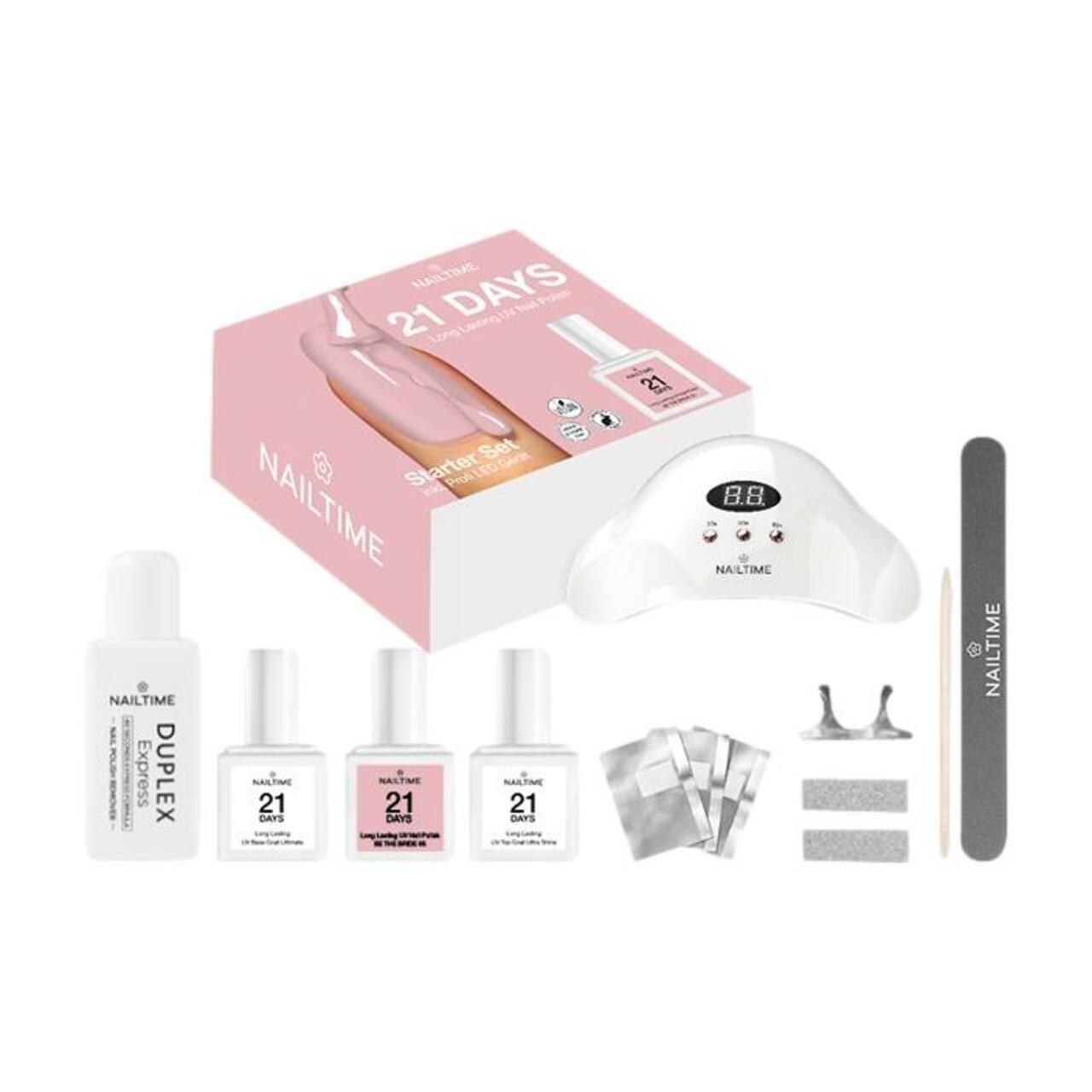 Nailtime 21 Days Starter Set. Rosa Box mit Nagellack, UV-Lampe, Feile, Zubehör. Aufschrift: Duplex Express.