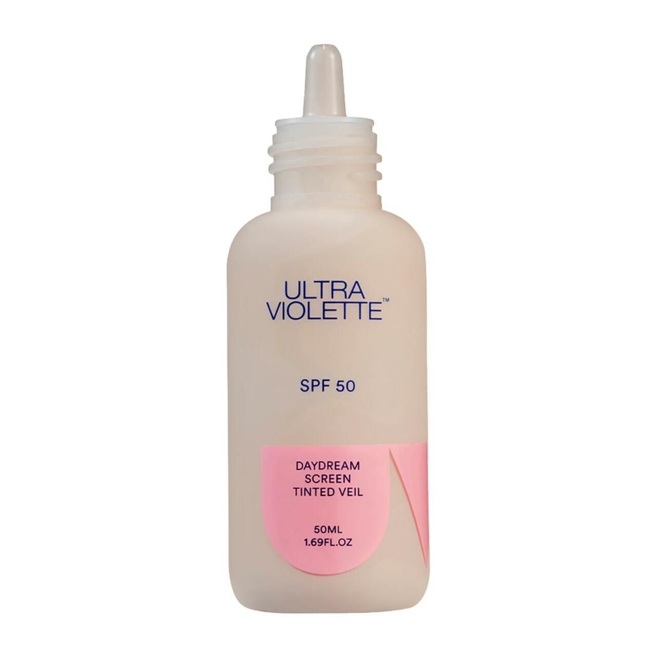 Beige Flasche mit weißem Applikator. Aufschrift: Ultra Violette, SPF 50, Daydream Screen Tinted Veil, 50ml, 1.69 fl.oz.