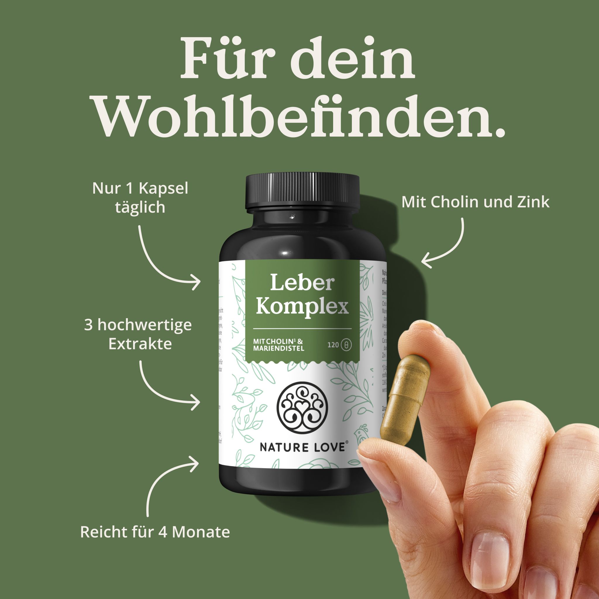 Hand hält eine Kapsel vor einer Flasche Leber Komplex. Text: Für dein Wohlbefinden. Mit Cholin und Zink. 3 Extrakte.