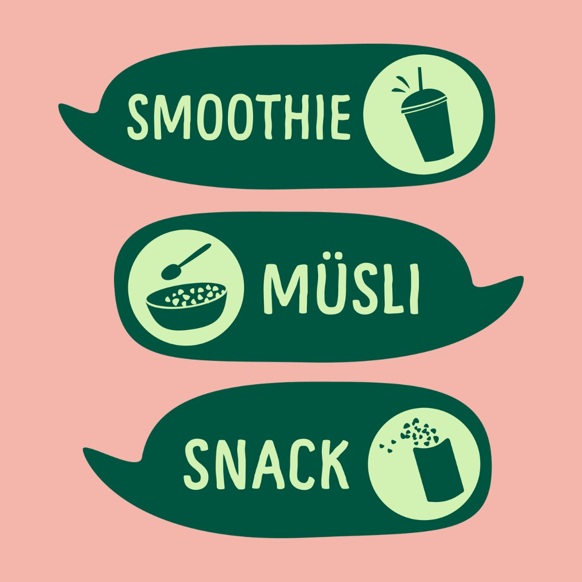 Grafische Elemente: Smoothie, Müsli, Snack. Grüne Sprechblasen mit Icons und Text.