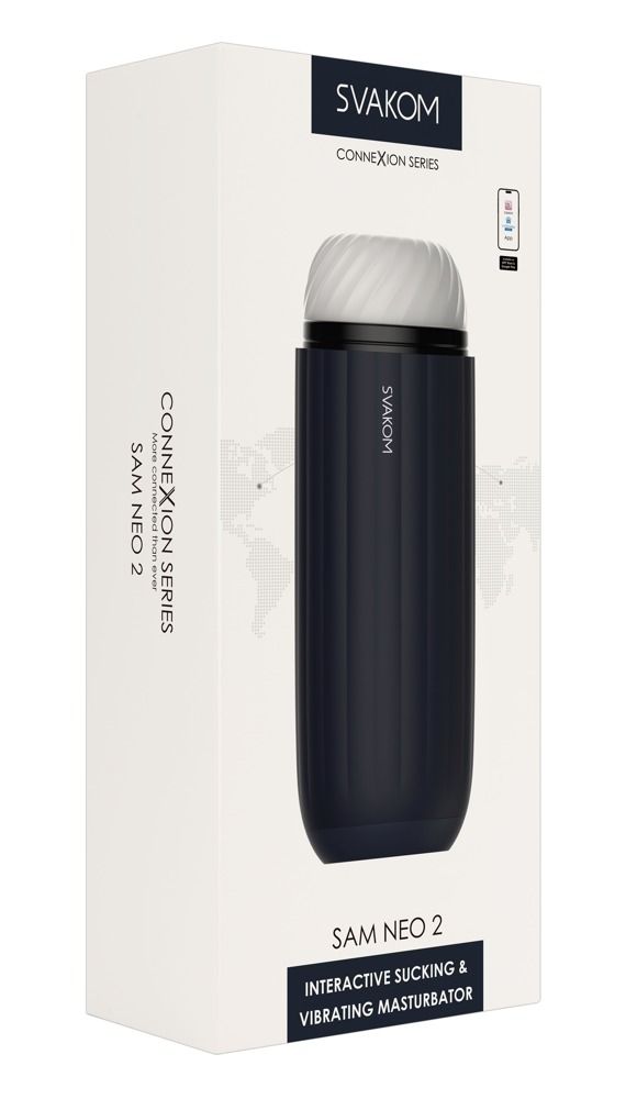 Verpackung von SVAKOM Sam Neo 2. Masturbator mit weißem Einsatz. Text: Connexion Series, Interactive Sucking & Vibrating Masturbator.
