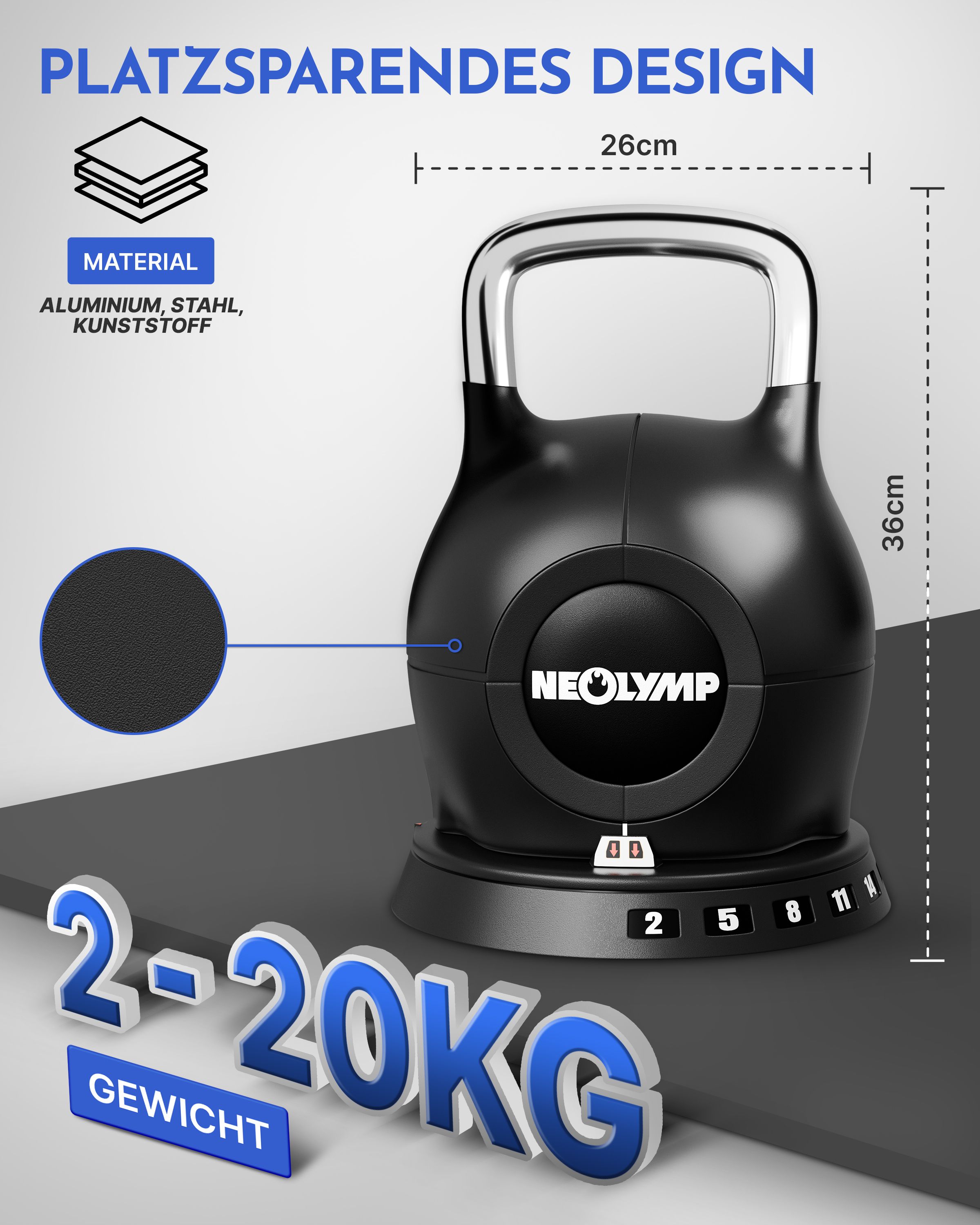 Schwarze Kettlebell mit Größenangaben. Text: 2-20KG Gewicht, 26cm x 36cm. Marke NEOLYMP.