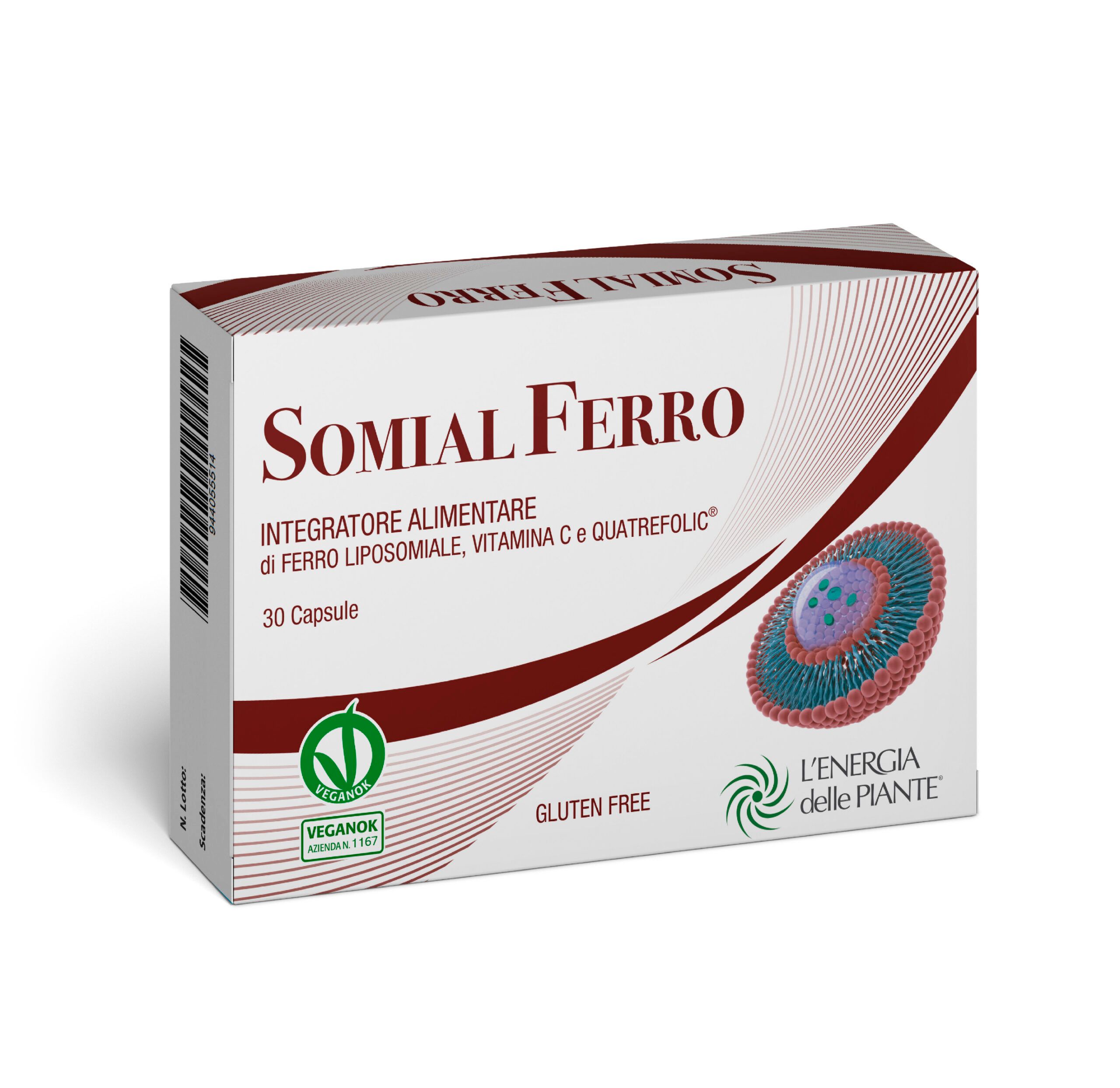 Scatola di capsule "Somial Ferro". Contiene 30 capsule. Certificazione Veganok. Senza glutine. Logo "L'Energia delle Piante".