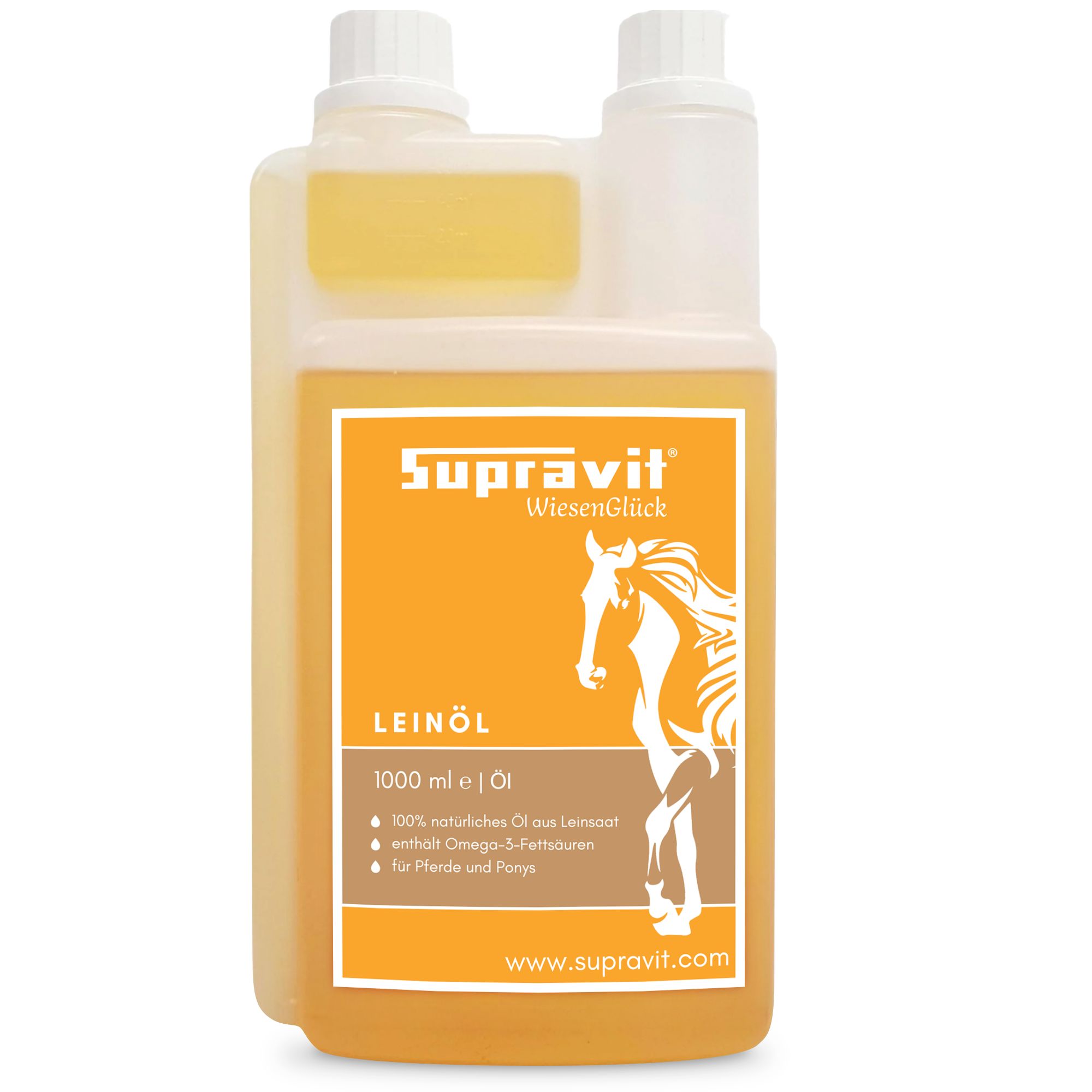 Produktflasche Supravit Leinöl. Etikett mit Text: 1000 ml, 100% natürliches Öl aus Leinsaat, enthält Omega-3-Fettsäuren, für Pferde und Ponys.