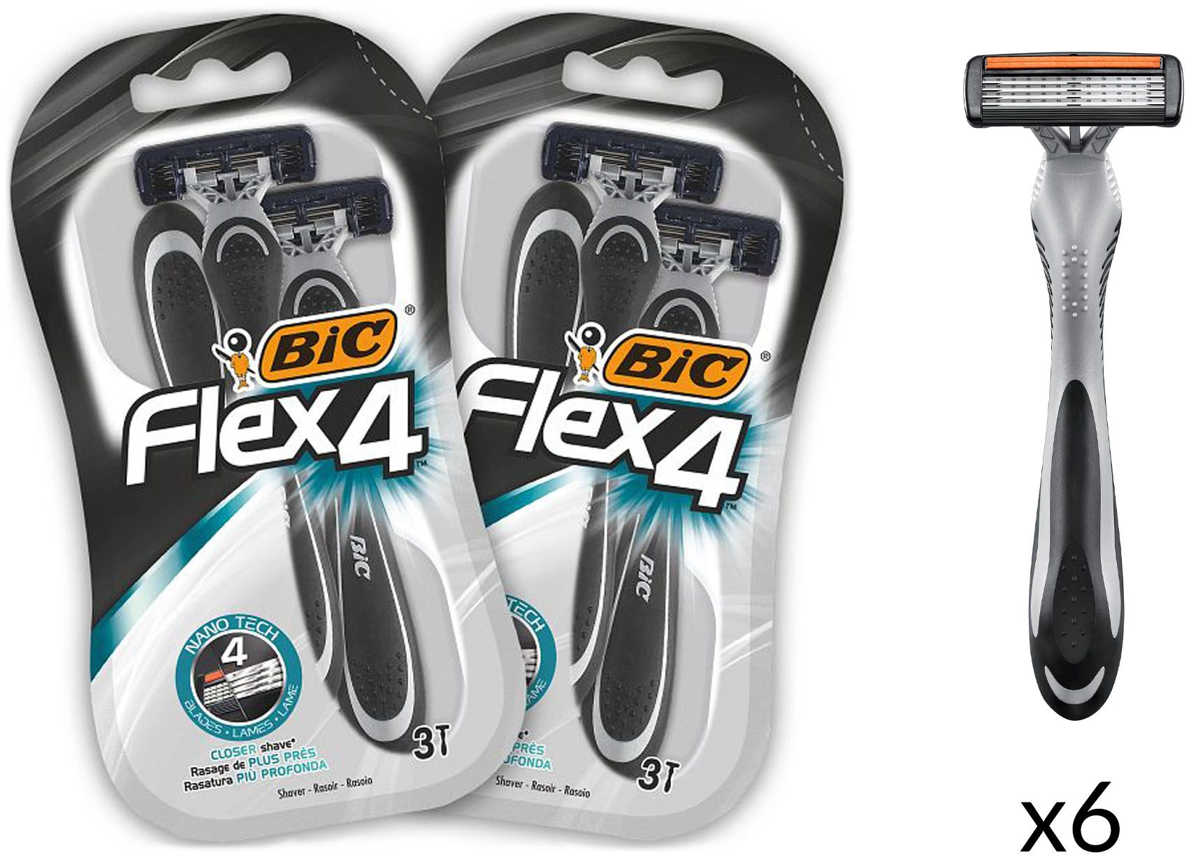 Zwei Packungen Rasierer und ein einzelner Rasierer. Schwarze und graue Griffe. BIC Flex 4 Logo. 3 Stück pro Packung.