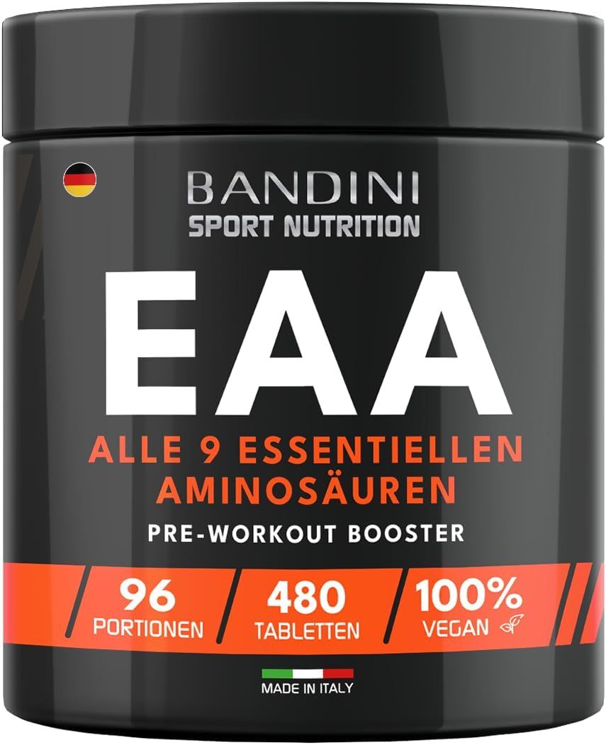 Bandini EAA Aminosäuren Komplex Tabletten-Dose. Schwarze Dose mit orangefarbenem Etikett. Text: EAA, Alle 9 essentiellen Aminosäuren.