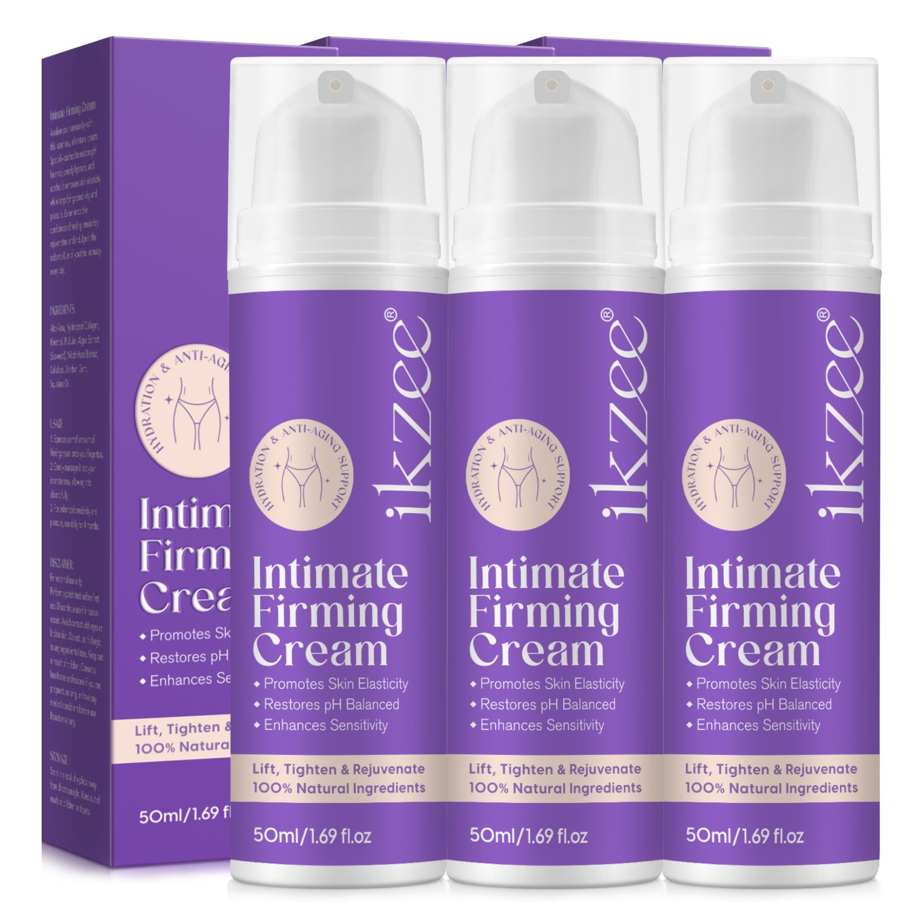 Drei Flaschen Intimcreme, lila-weiß, mit Produktinformationen. Aufschrift: ikzee Intimate Firming Cream. 50ml/1.69 fl.oz.