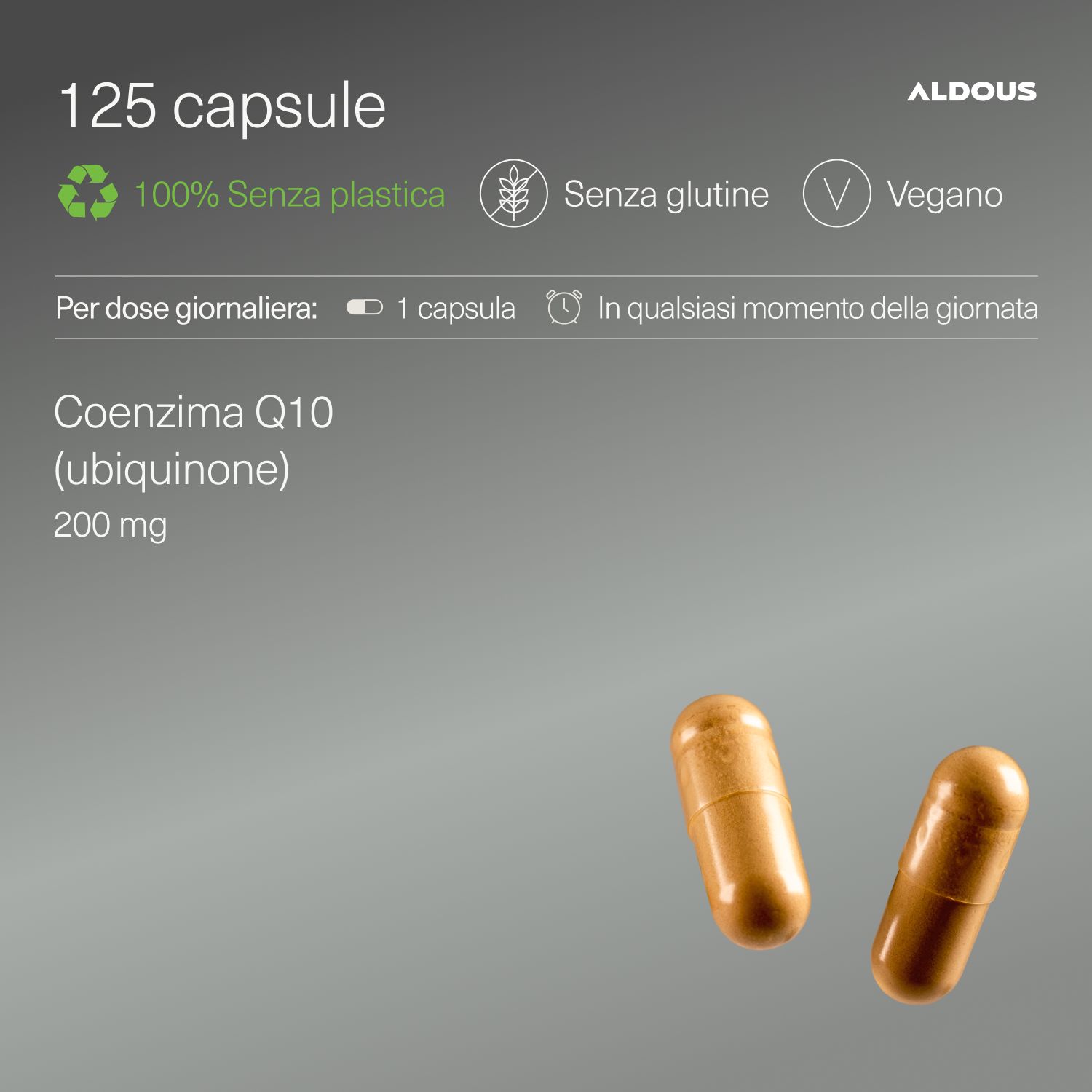 Zwei Aldous Coenzima Q10 Kapseln (200mg). Hinweise: 125 Kapseln, 100% plastikfrei, glutenfrei, vegan.