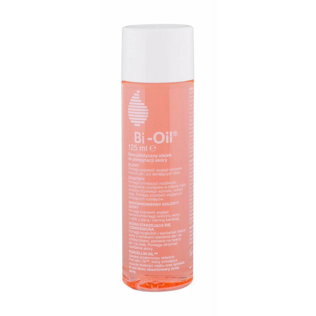 Bio-Oil Skincare Oil. Flasche mit orangefarbener Flüssigkeit und weißem Deckel. Aufschrift: 125 ml. Produktinformationen.
