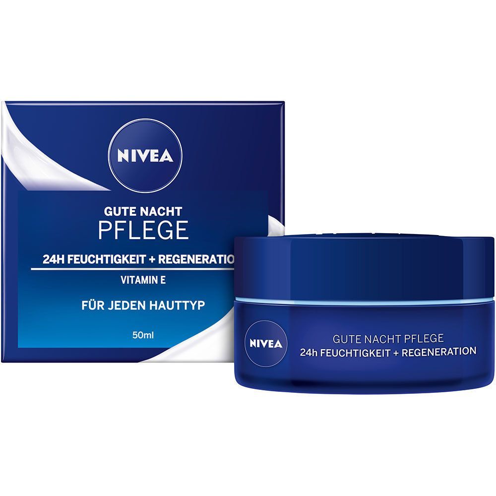 NIVEA Nachtpflege-Tiegel und -Verpackung. Blaue Dose mit weißer Schrift. Text: Gute Nacht Pflege, 24h Feuchtigkeit + Regeneration, Vitamin E.