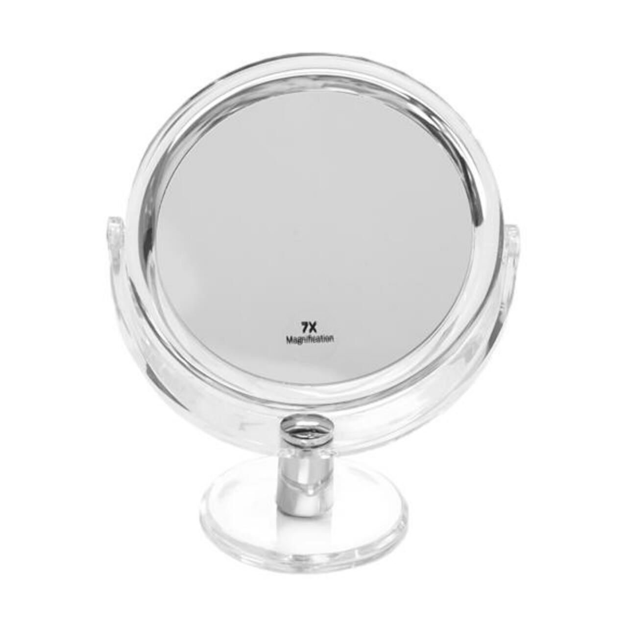 Runder Kosmetikspiegel, Kunststoff, 7-fach Vergrößerung, doppelseitig. Standfuß und Rahmen transparent.
