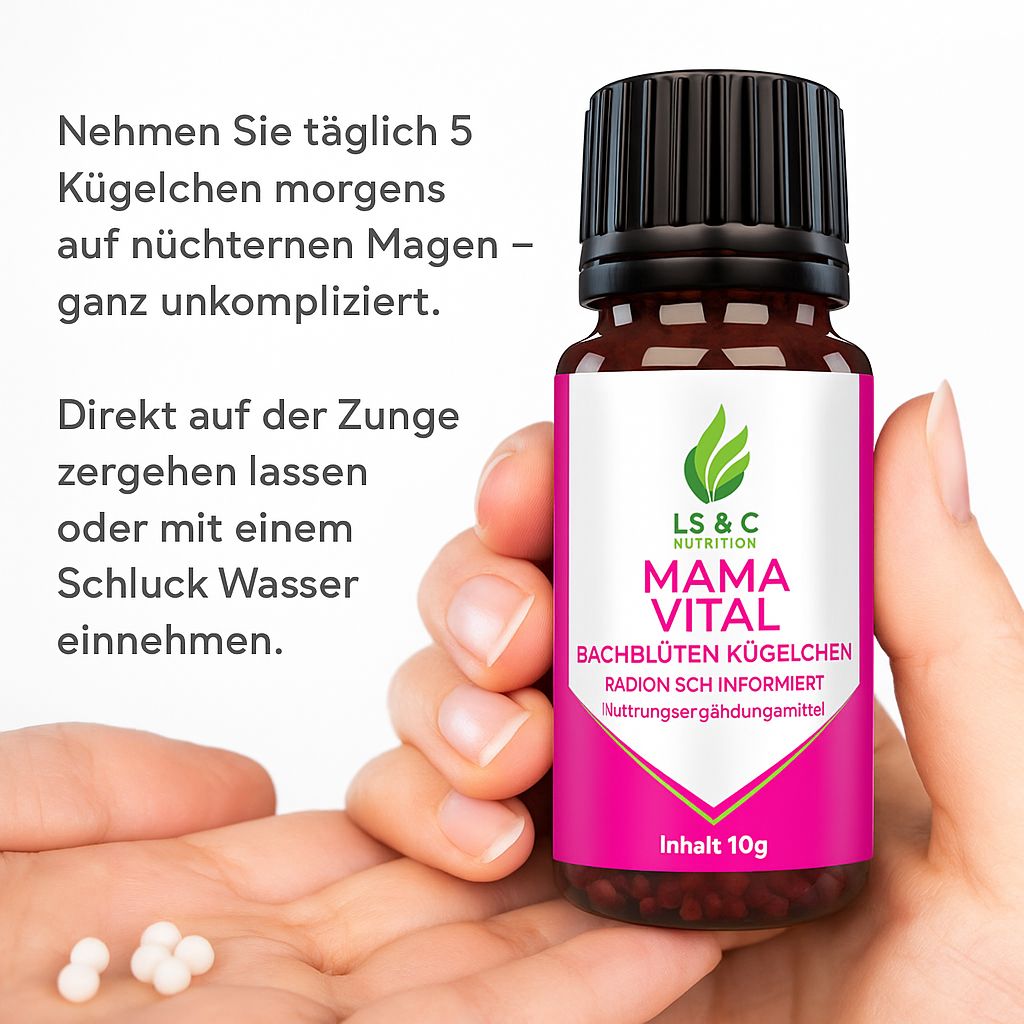 Braune Glasflasche mit schwarzem Deckel und pinkfarbenem Etikett. Aufschrift: Mama Vital, Bachblüten Kügelchen, Nahrungsergänzungsmittel. Inhalt 10g. Hand hält Kügelchen.