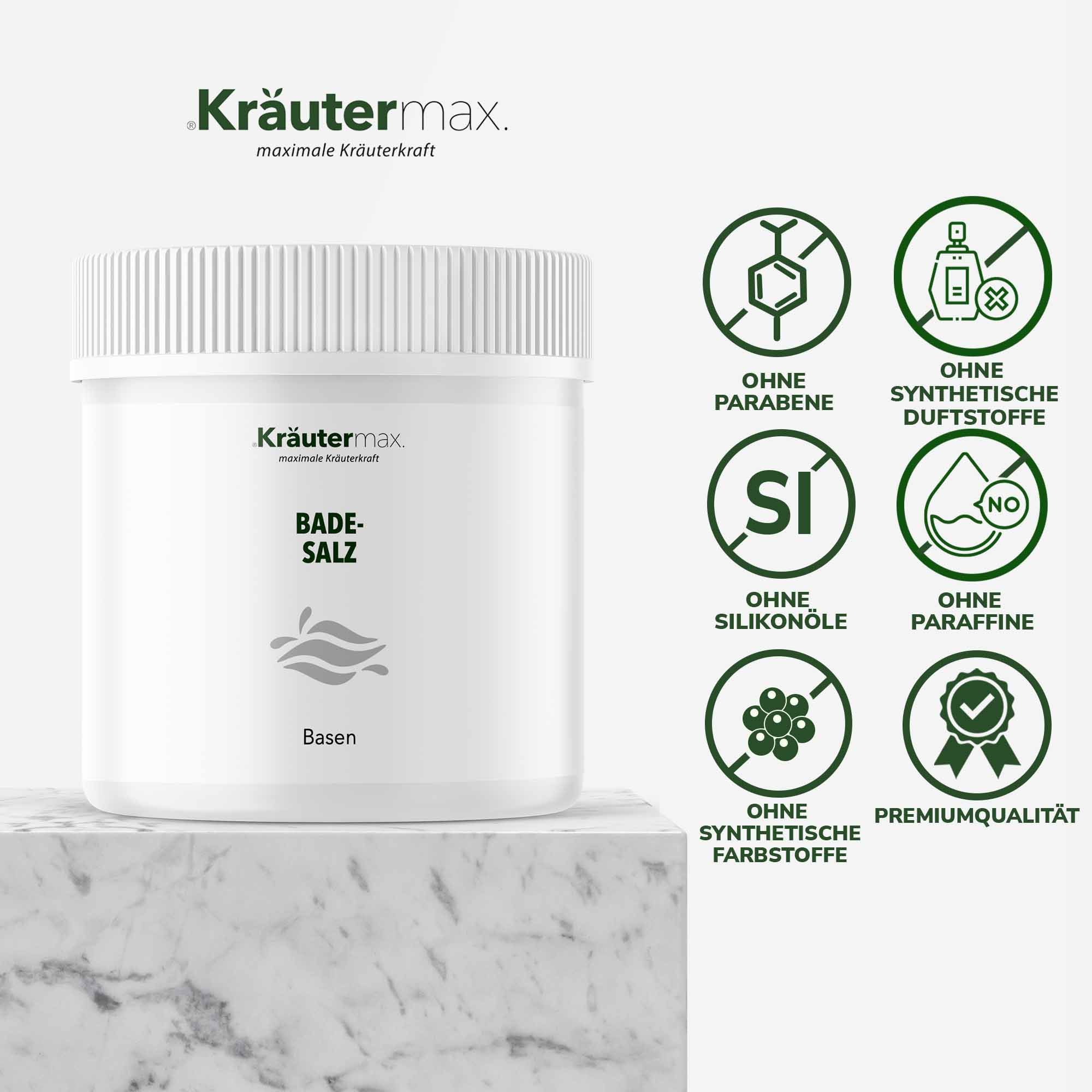 Weißes Bade-Salz-Behältnis mit Text und Symbolen. Ohne Parabene, Duftstoffe, Silikone, Farbstoffe. Premiumqualität.
