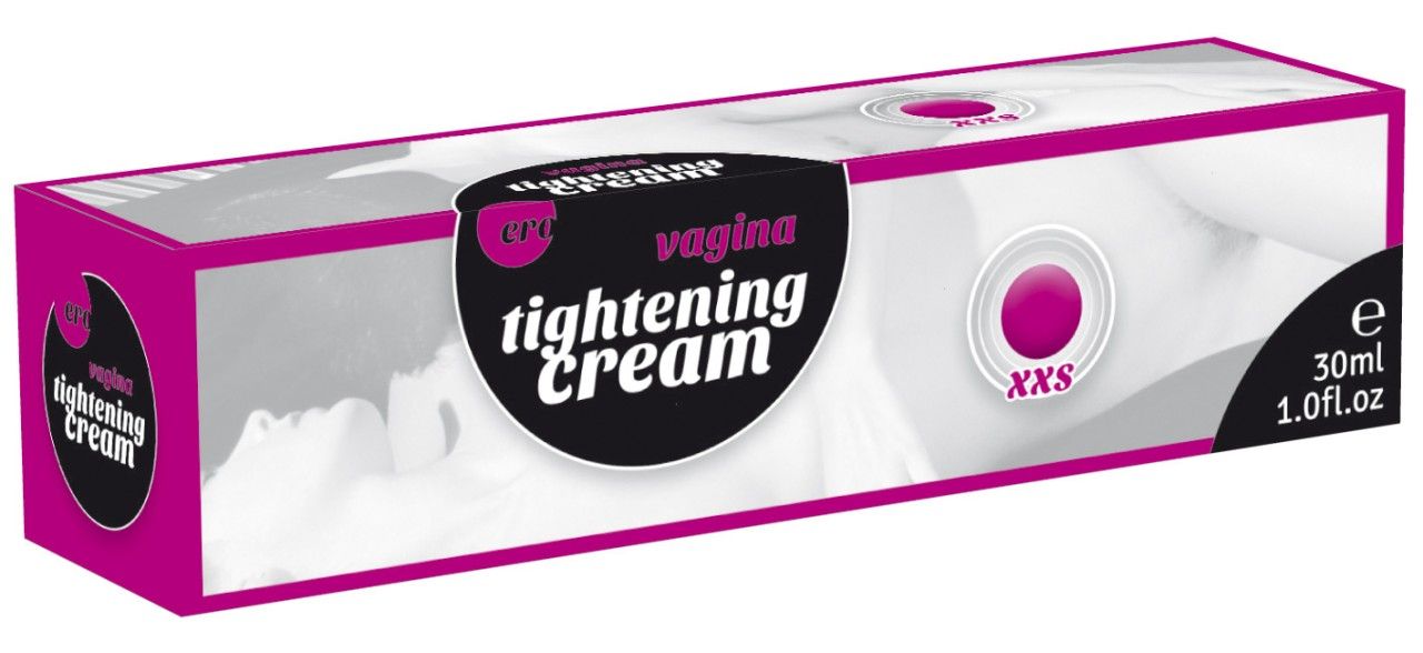 Rosa-weiße Verpackung mit Produktnamen und Logo. Enthält Text: vagina tightening cream, xxs, 30ml.
