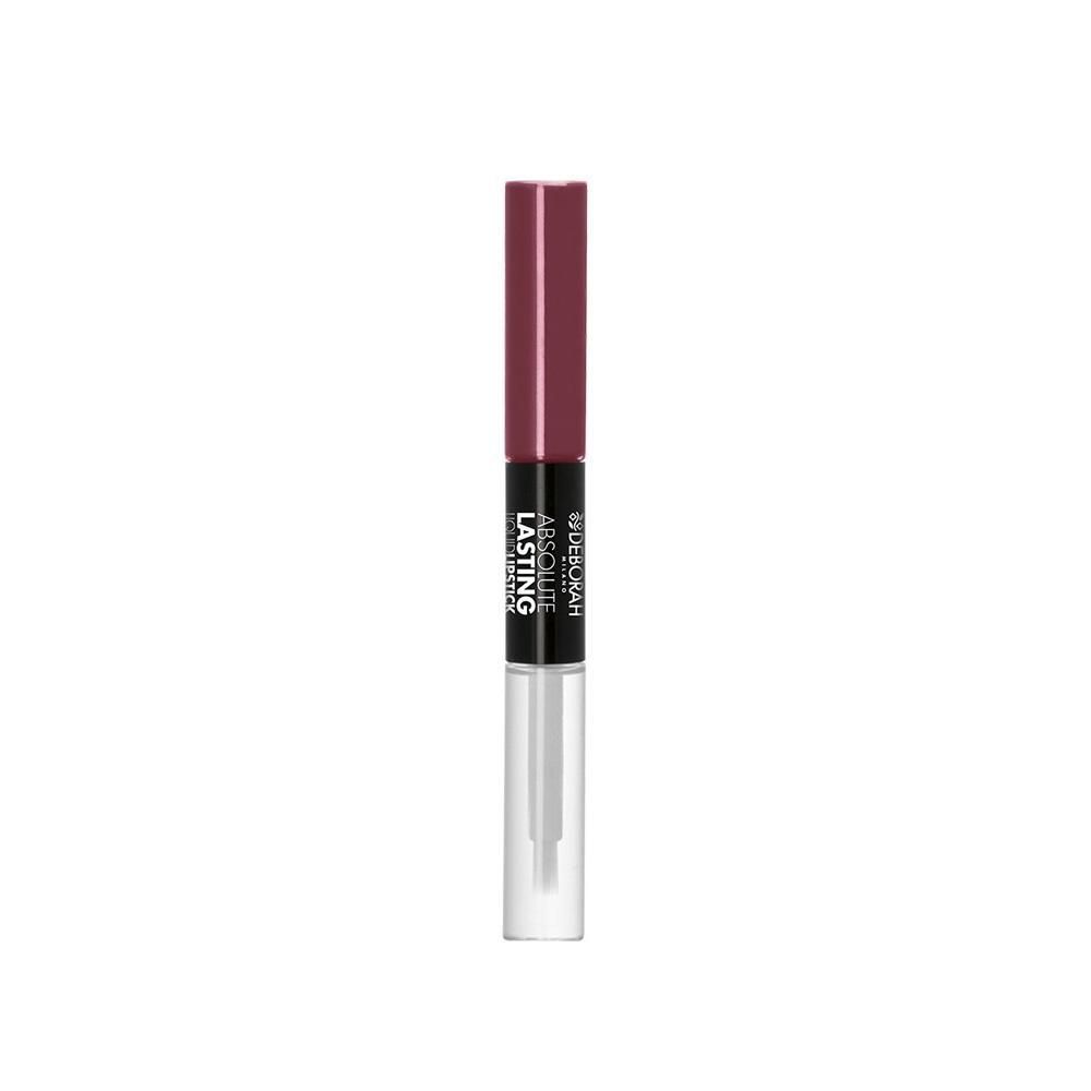 Doppel-Lippenstift. Oben: burgunderfarbener Lippenstift. Unten: transparente Lipgloss-Applikator. Schwarzer Mittelteil mit Text: Absolute Lasting.