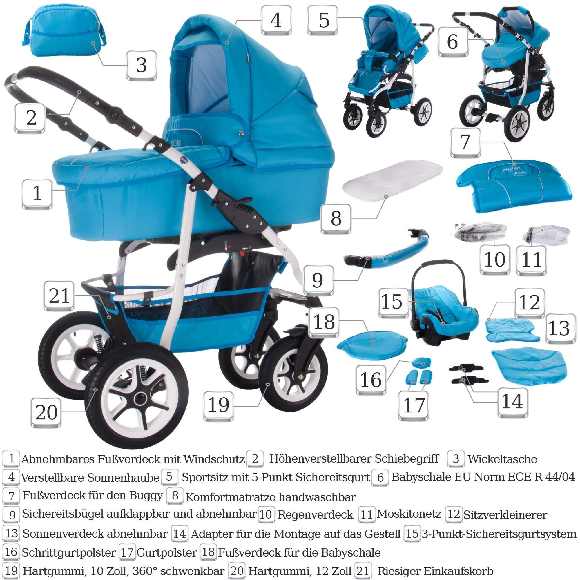 Bebebi Bellami 3 in 1 Kinderwagen Set mit Original Maxi Cosi, Hartgummi Bellaqua