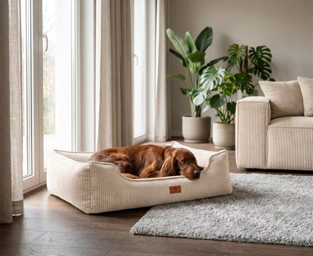 Beiges Hundebett aus Cord in einem Wohnzimmer mit einem Hund.