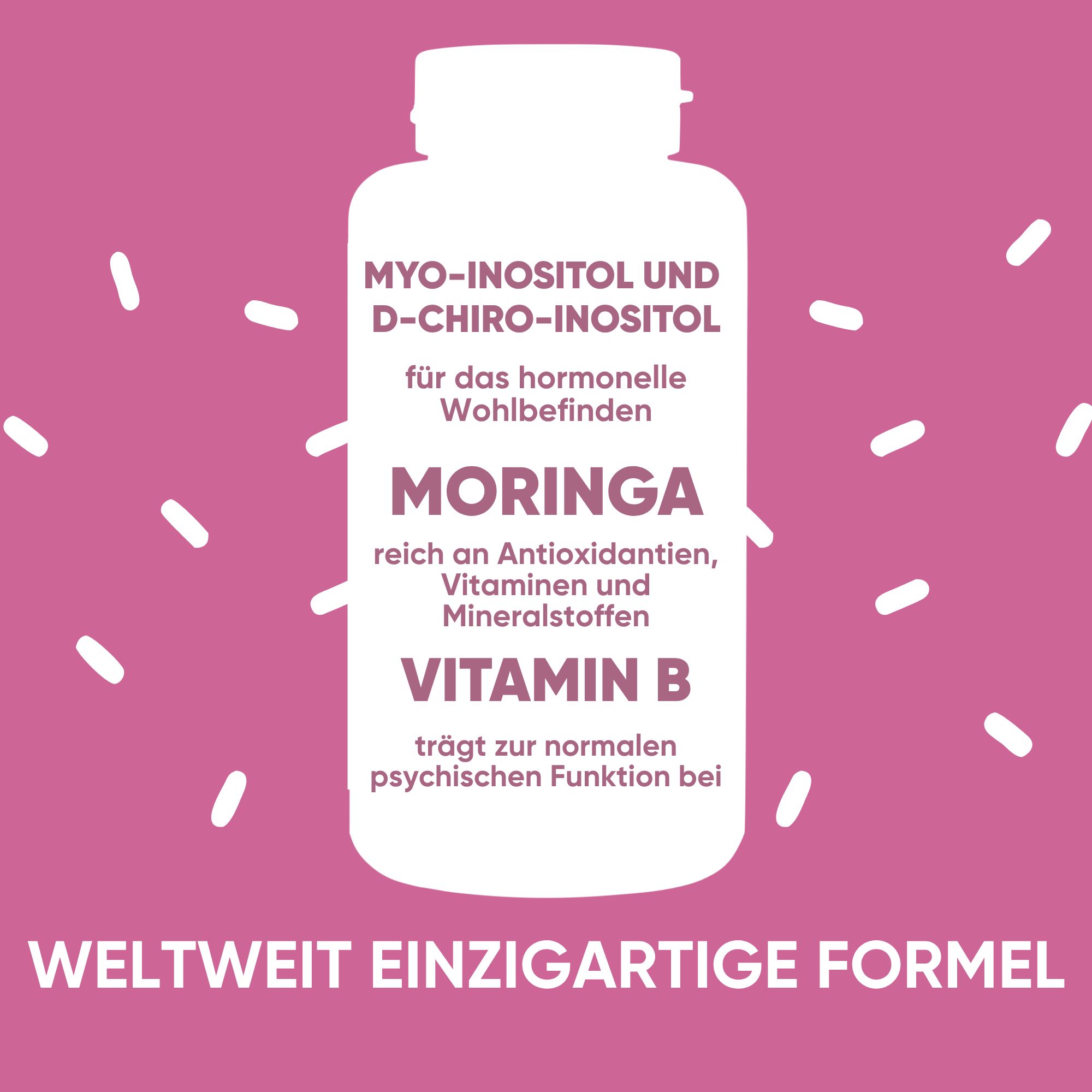 Flasche mit Myo-Inositol, D-Chiro-Inositol, Moringa und Vitamin B für hormonelles Wohlbefinden.