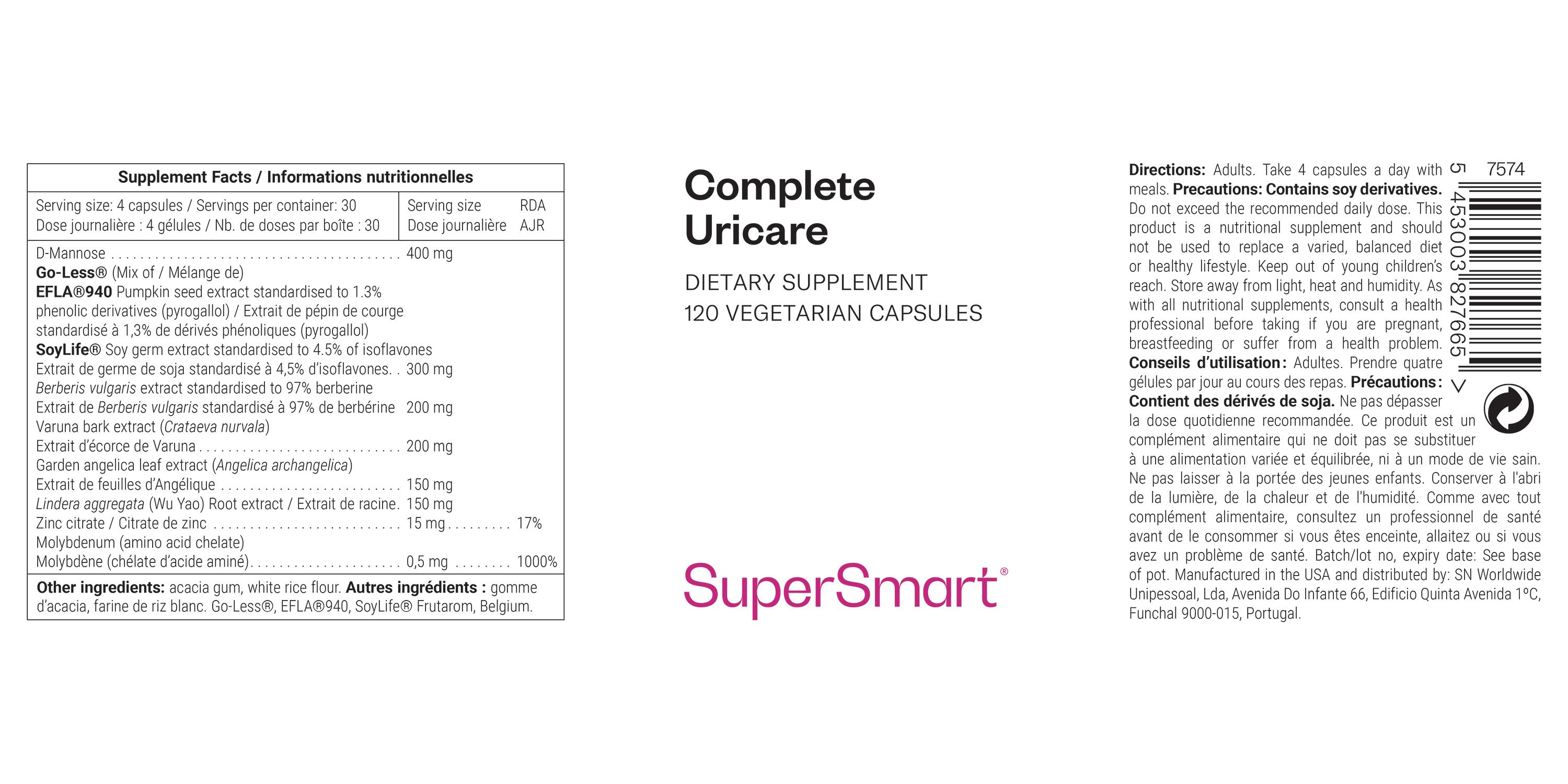 Komplette Uricare-Packung mit 120 Kapseln. SuperSmart-Markenlogo. Nährwertangaben und Inhaltsstoffe auf der Verpackung.