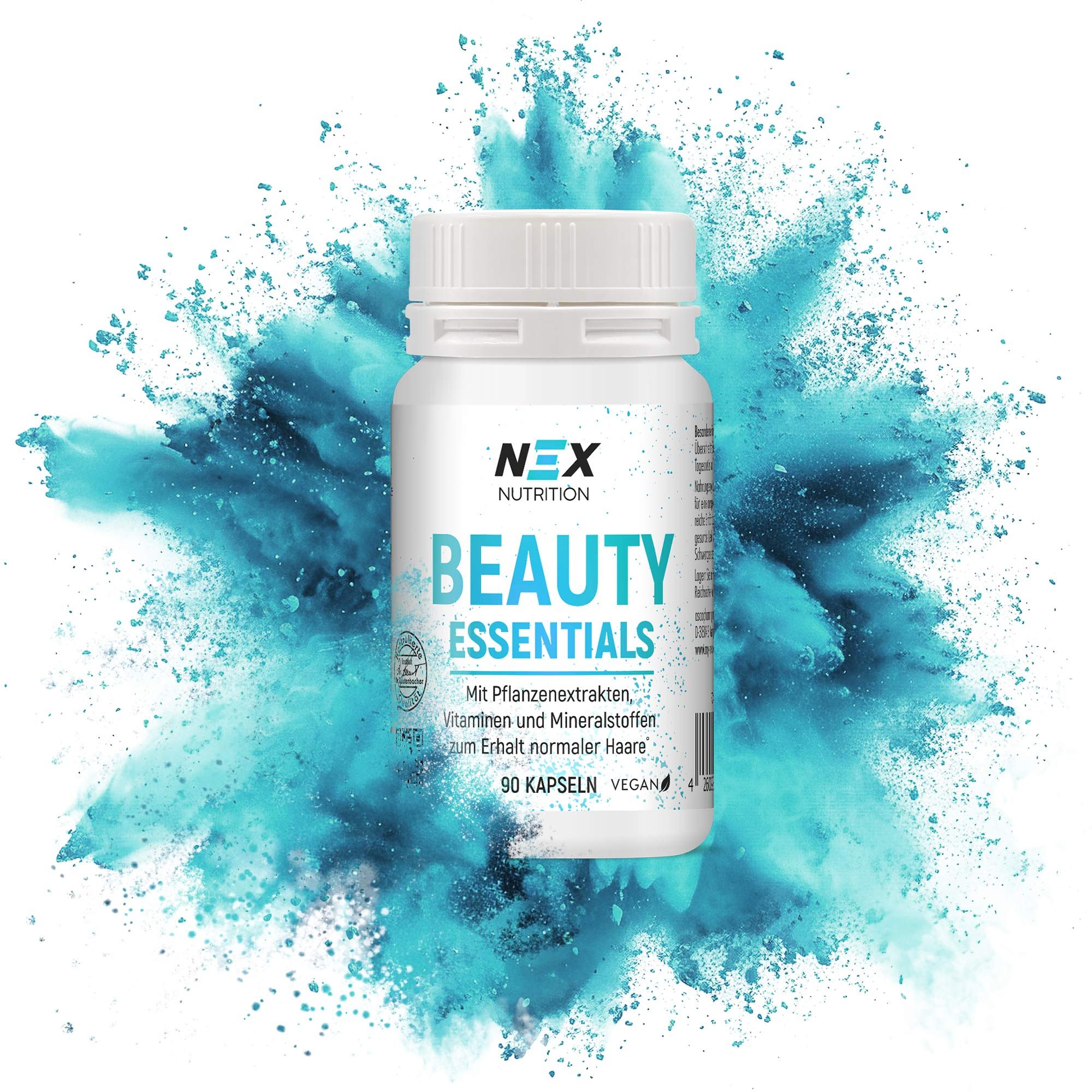 Weiße Flasche mit NEX Nutrition Beauty Essentials. Aufschrift: Beauty Essentials, 90 Kapseln, vegan. Hintergrund: blaue Explosion.