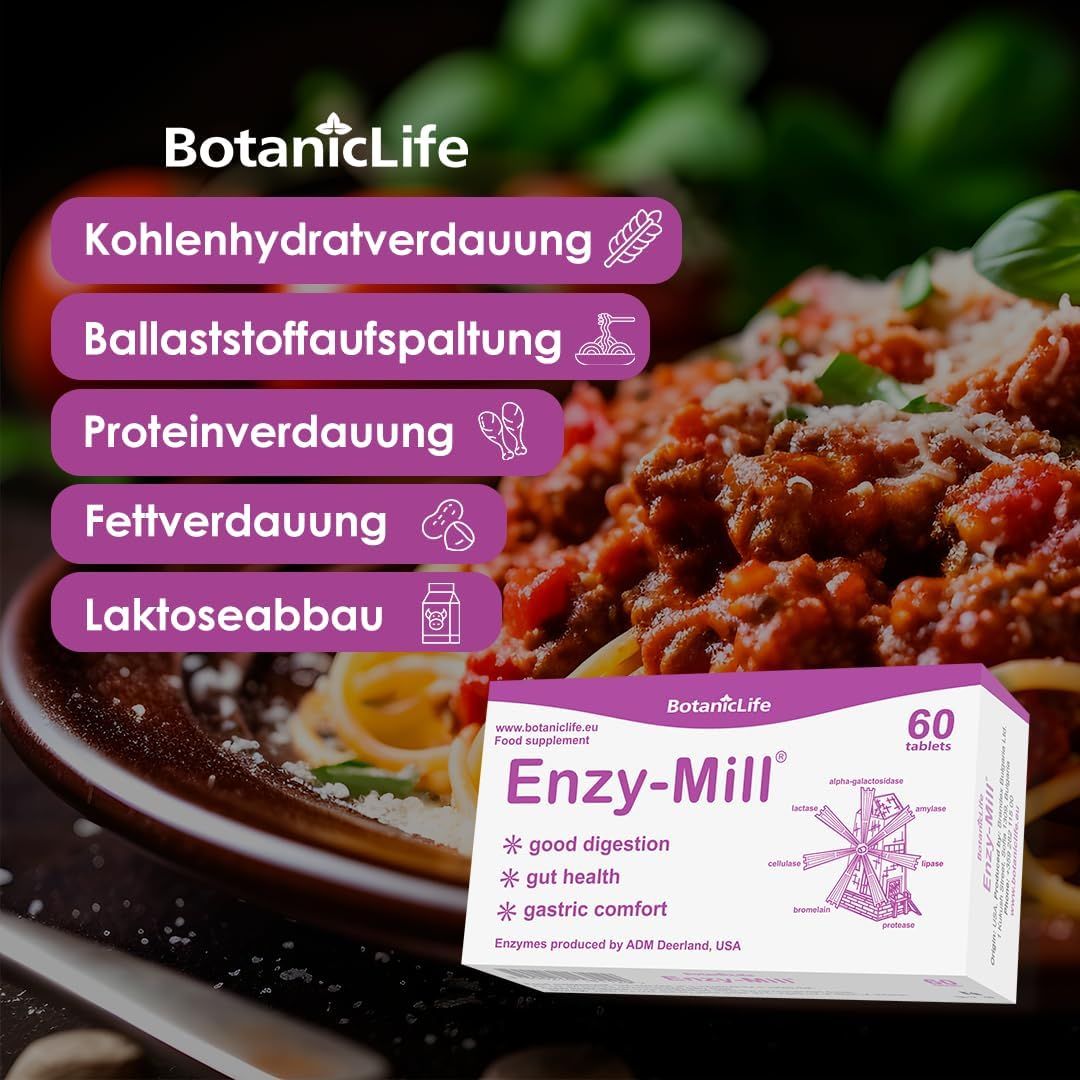 BotanicLife Enzy-Mill Packung. 60 Tabletten. Aufschrift: Kohlenhydratverdauung, Ballaststoffaufspaltung, Proteinverdauung, Fettverdauung, Laktoseabbau.