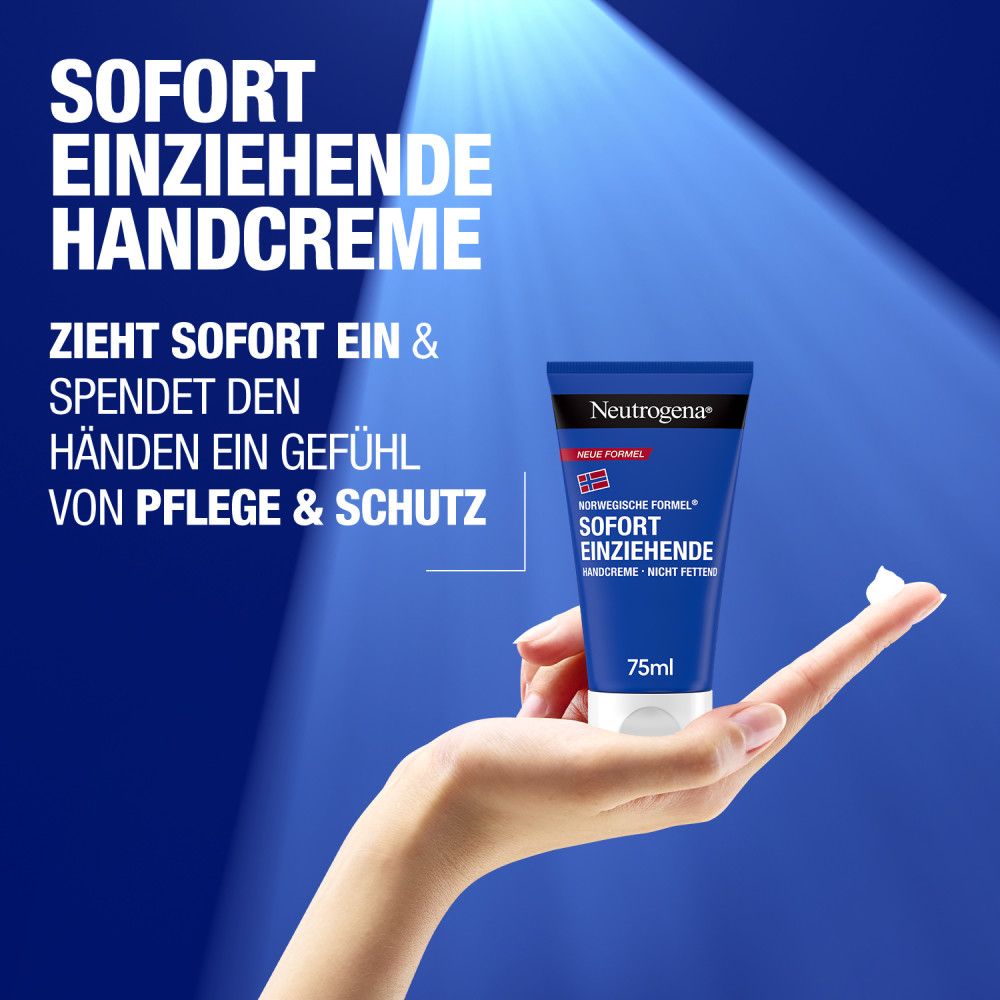 Hand, die eine Tube Handcreme hält. Neutrogena-Logo, "Sofort einziehende Handcreme", 75ml.