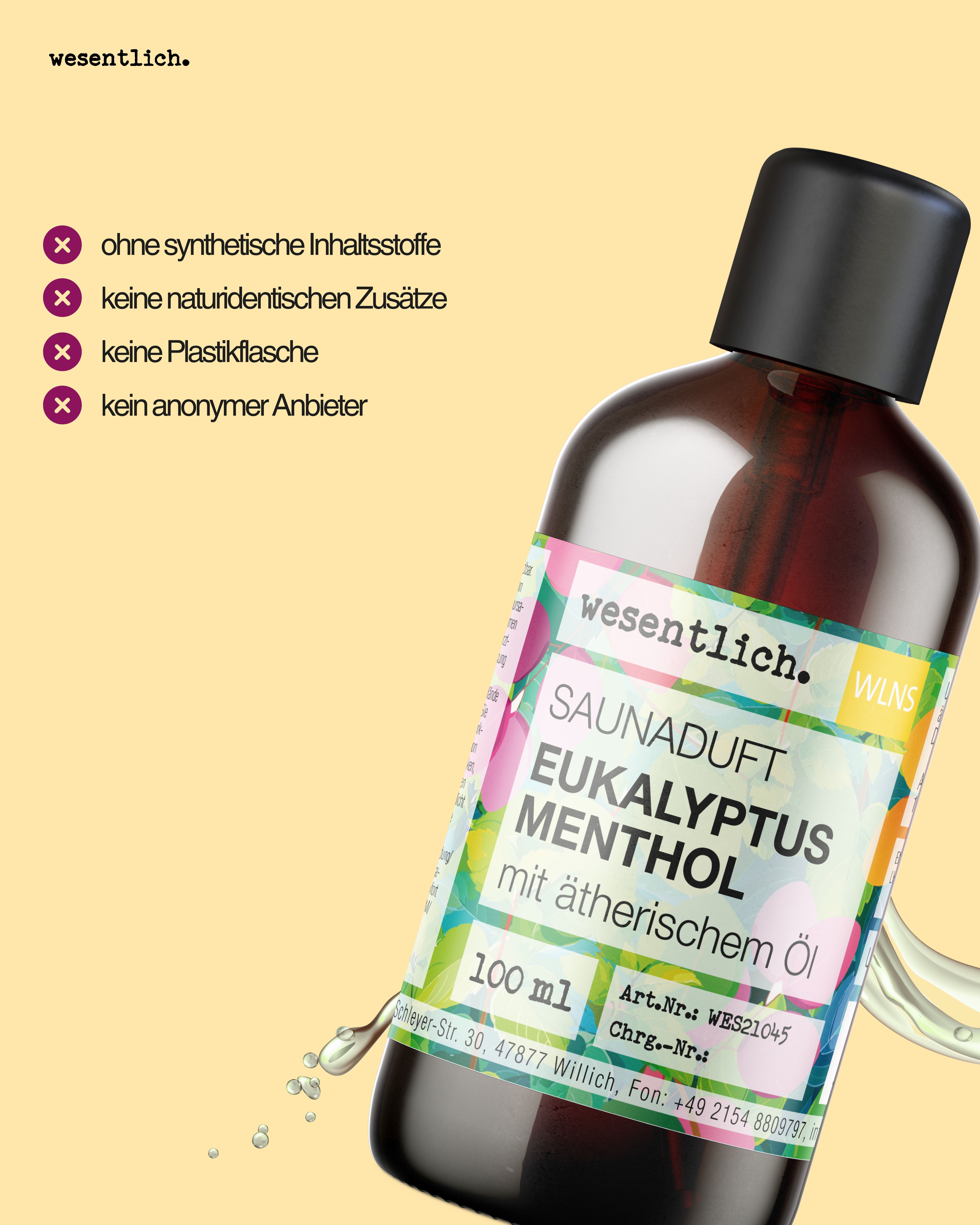Braune Glasflasche mit schwarzem Deckel. Etikett mit Produktnamen und Inhaltsstoffen. Text: ohne synthetische Inhaltsstoffe.