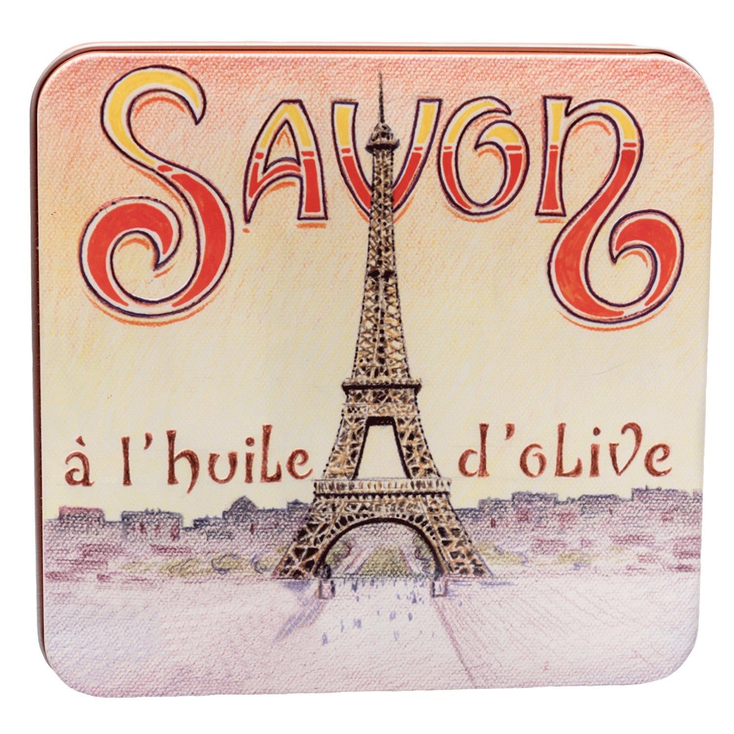 Quadratische Metallbox mit Eiffelturm-Illustration. Aufschrift "Savon" und "à l'huile d'olive".