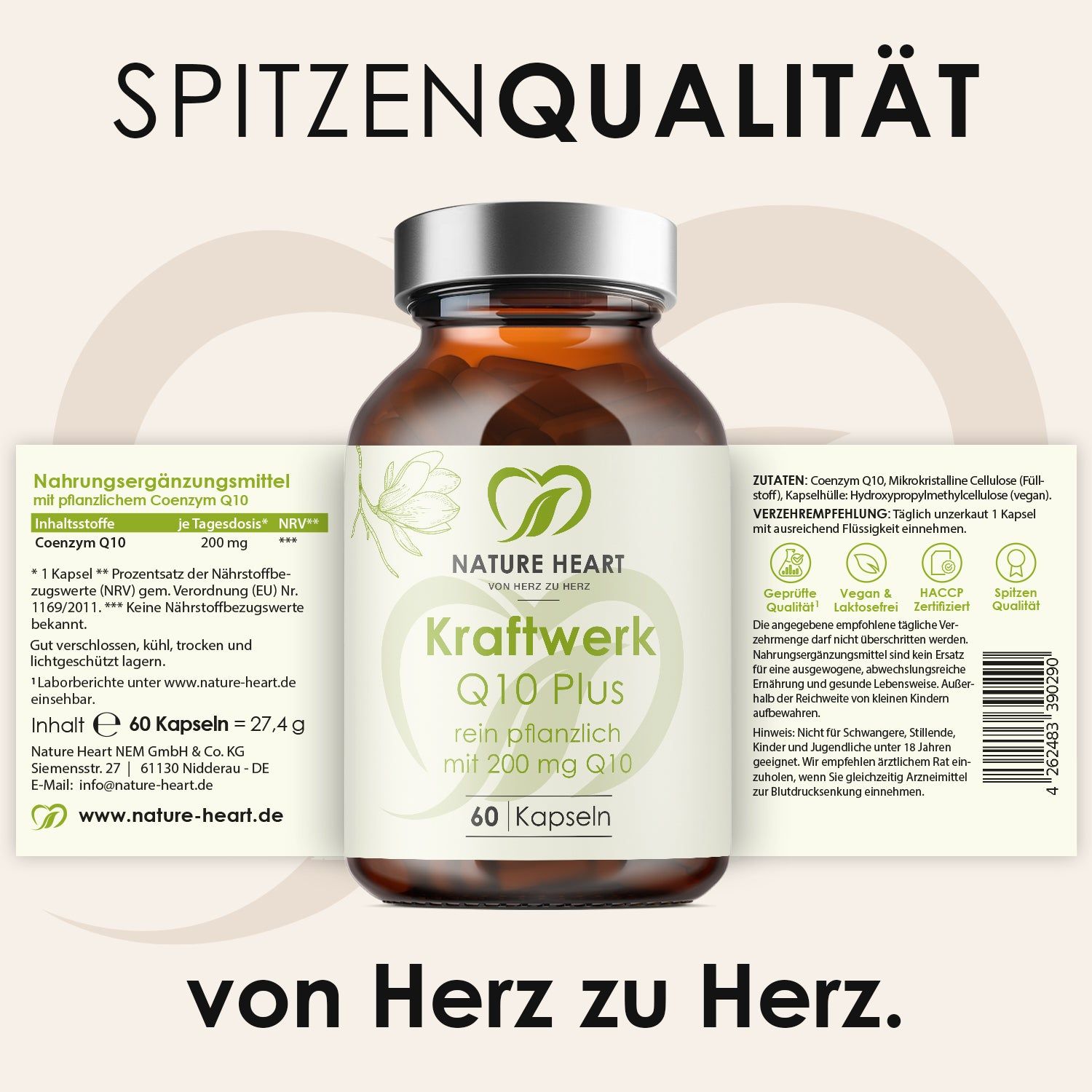 Nature Heart Kraftwerk Q10 Plus Kapseln, 60 Stück. Beipackzettel mit Nährwertangaben und Inhaltsstoffen.
