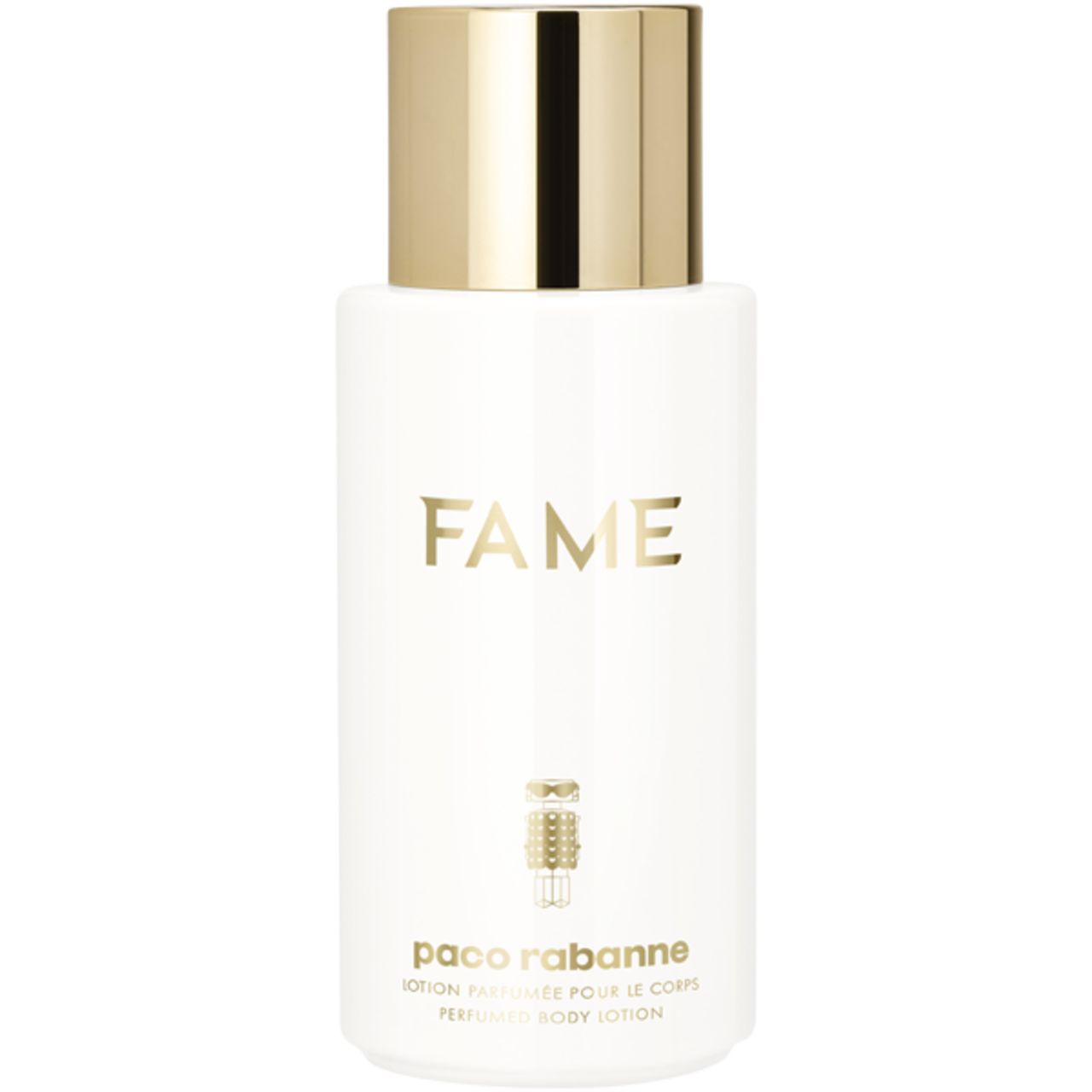 Weiße Flasche mit goldenem Deckel. Aufschrift "FAME" und "paco rabanne". Parfümierte Bodylotion.