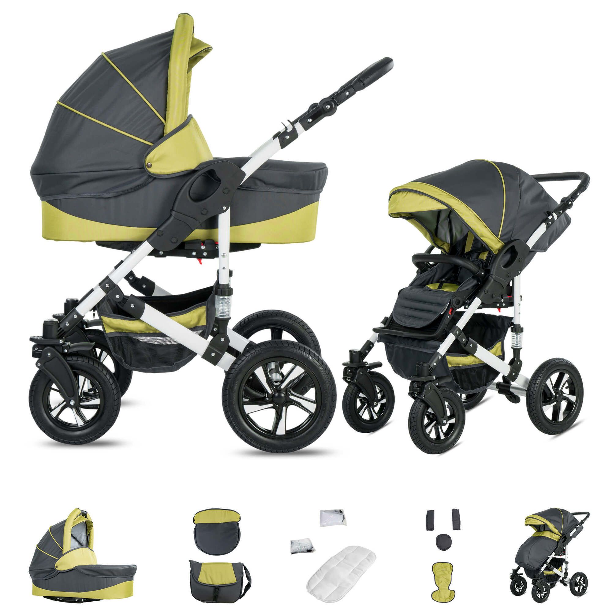 Kombikinderwagen, grau-grün. Zwei Konfigurationen: Babywanne und Sportsitz. Zubehör: Tasche, Matratze, Abdeckungen. Luftreifen.