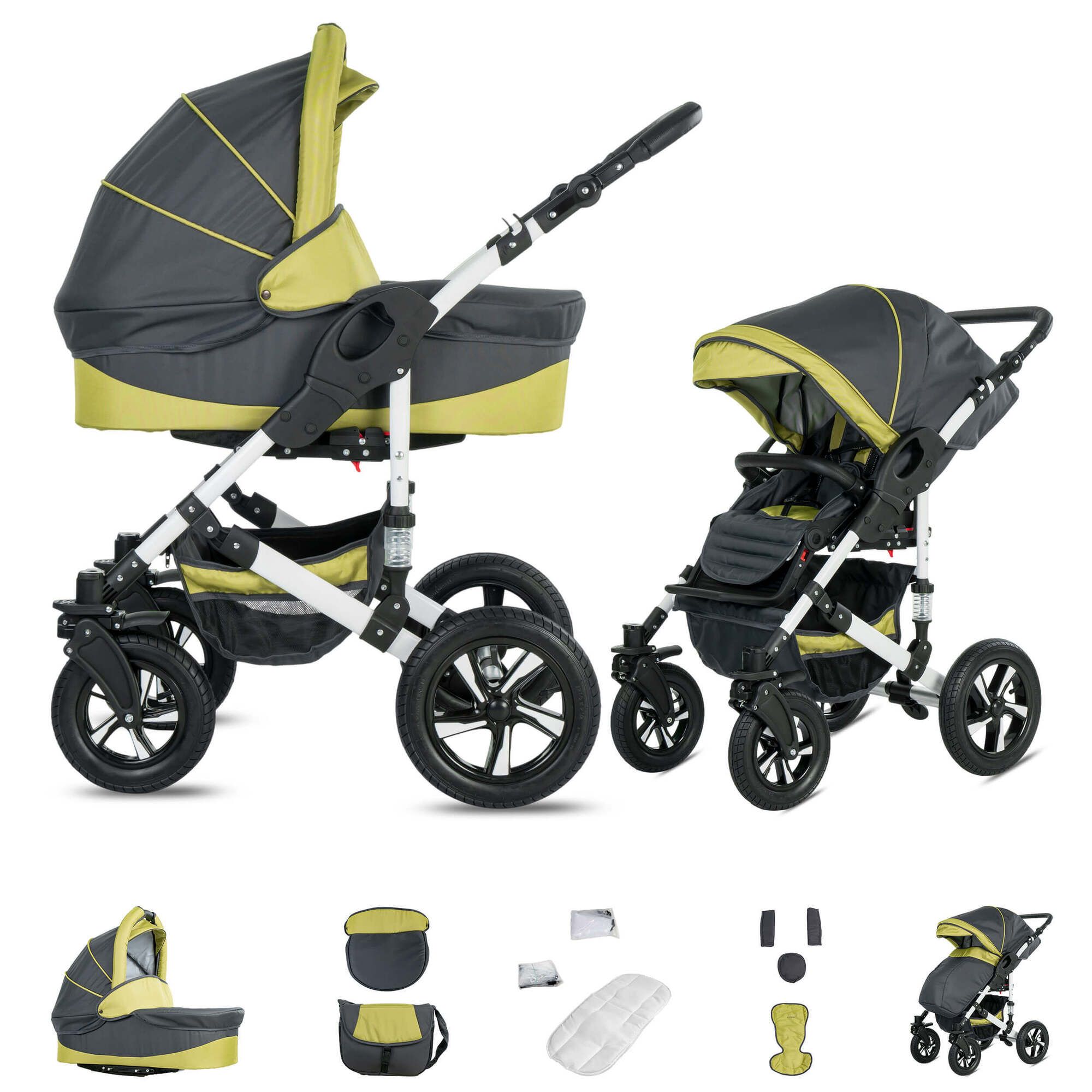 Friedrich Hugo Hamburg 2 in 1 Kinderwagen Luftreifen, Grey & Green