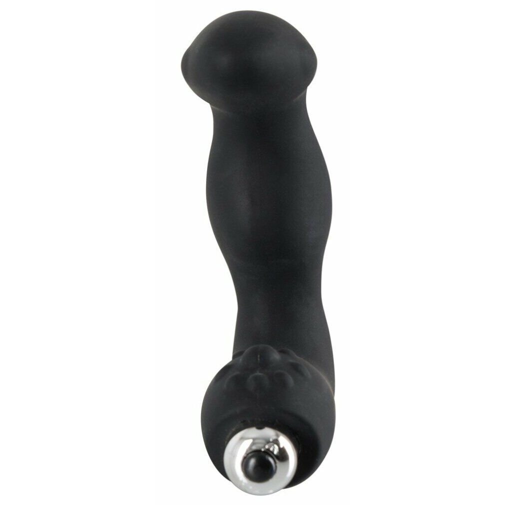 Schwarzer Vibrator mit gebogener Form und metallischem Ende. Oberflächenstruktur am Ende.