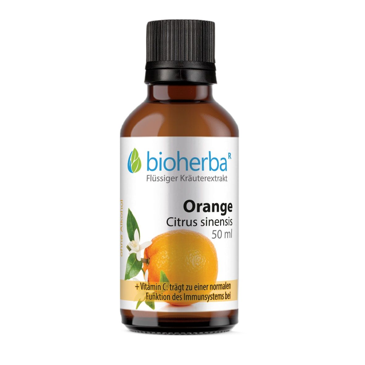 Braune Glasflasche mit schwarzem Deckel. Bioherba Orange Citrus sinensis Tinktur Extrakt, 50 ml. Mit Abbildung einer Orange und Vitamin C.