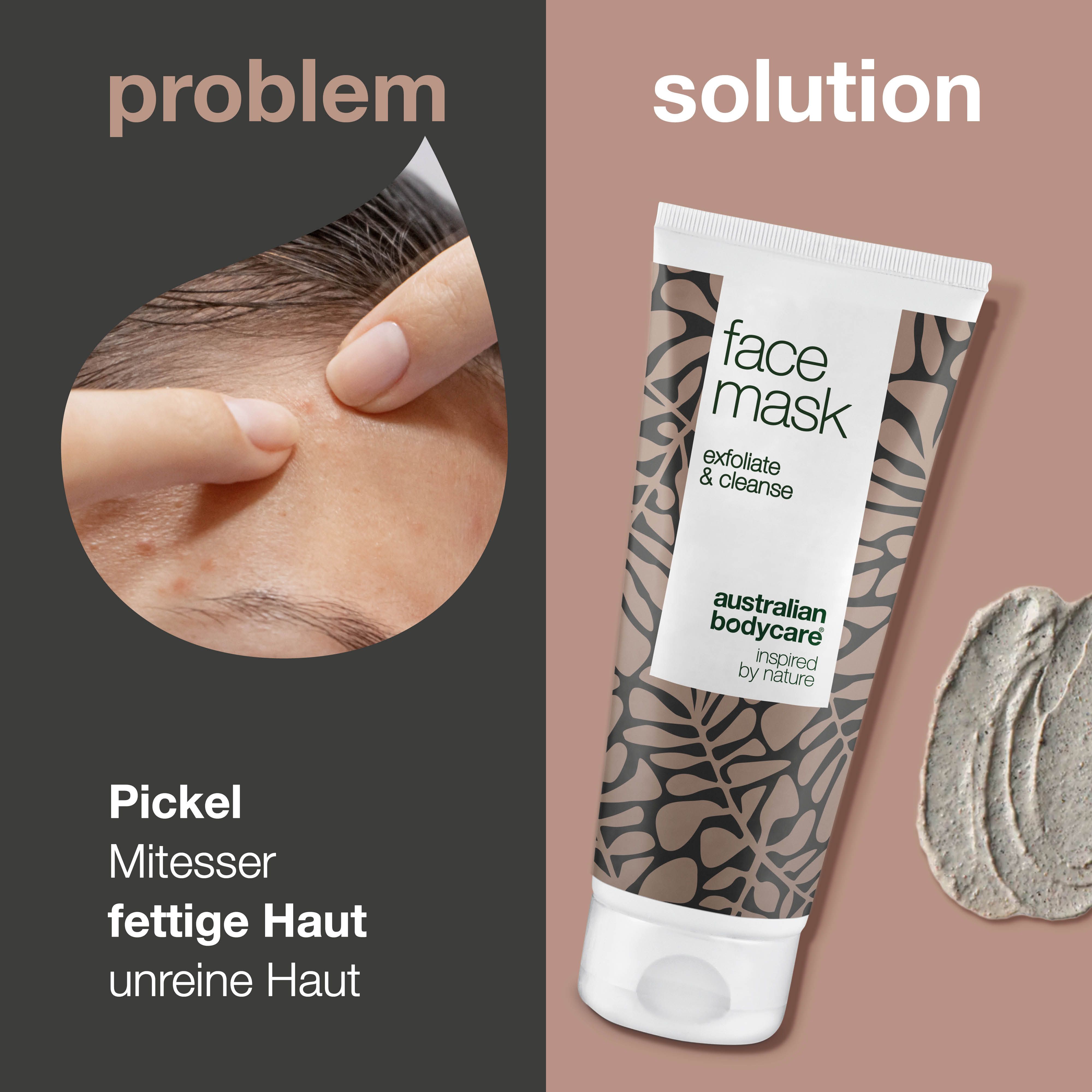 Problem-Lösung-Darstellung. Gesicht mit Pickeln, daneben Gesichtsmaske-Tube. Text: Face Mask, Australian Bodycare.