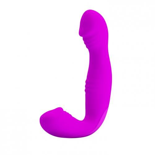 Lila Vibrator mit gebogener Form. Ein Ende ist abgerundet, das andere hat eine längliche Form. Glatte Oberfläche.