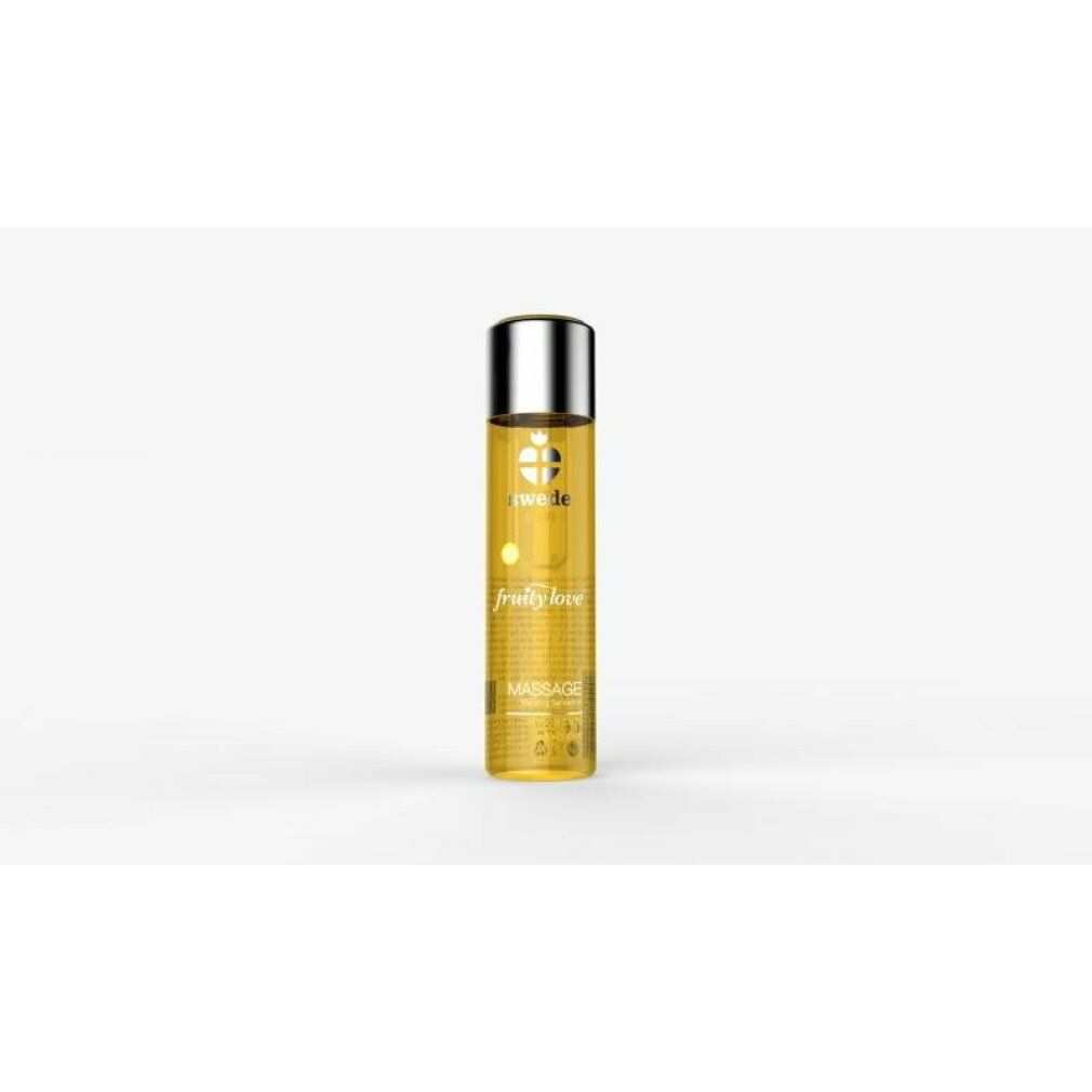 Zylindrische Flasche mit silbernem Deckel. Aufschrift: fruity love, Massage. Gelbe Flüssigkeit sichtbar.