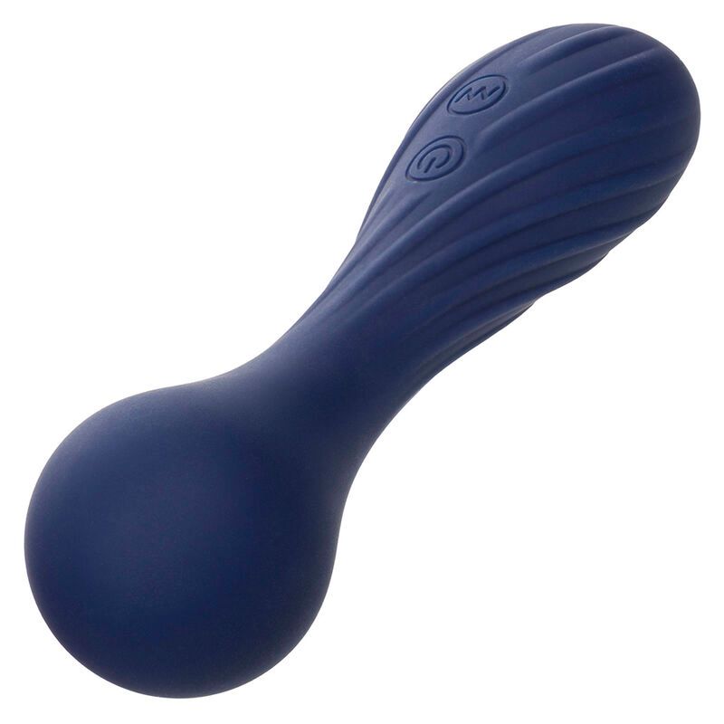 Blauer Vibrationsmassager mit zwei runden Enden und gewellter Oberfläche. Zwei Knöpfe sind sichtbar.