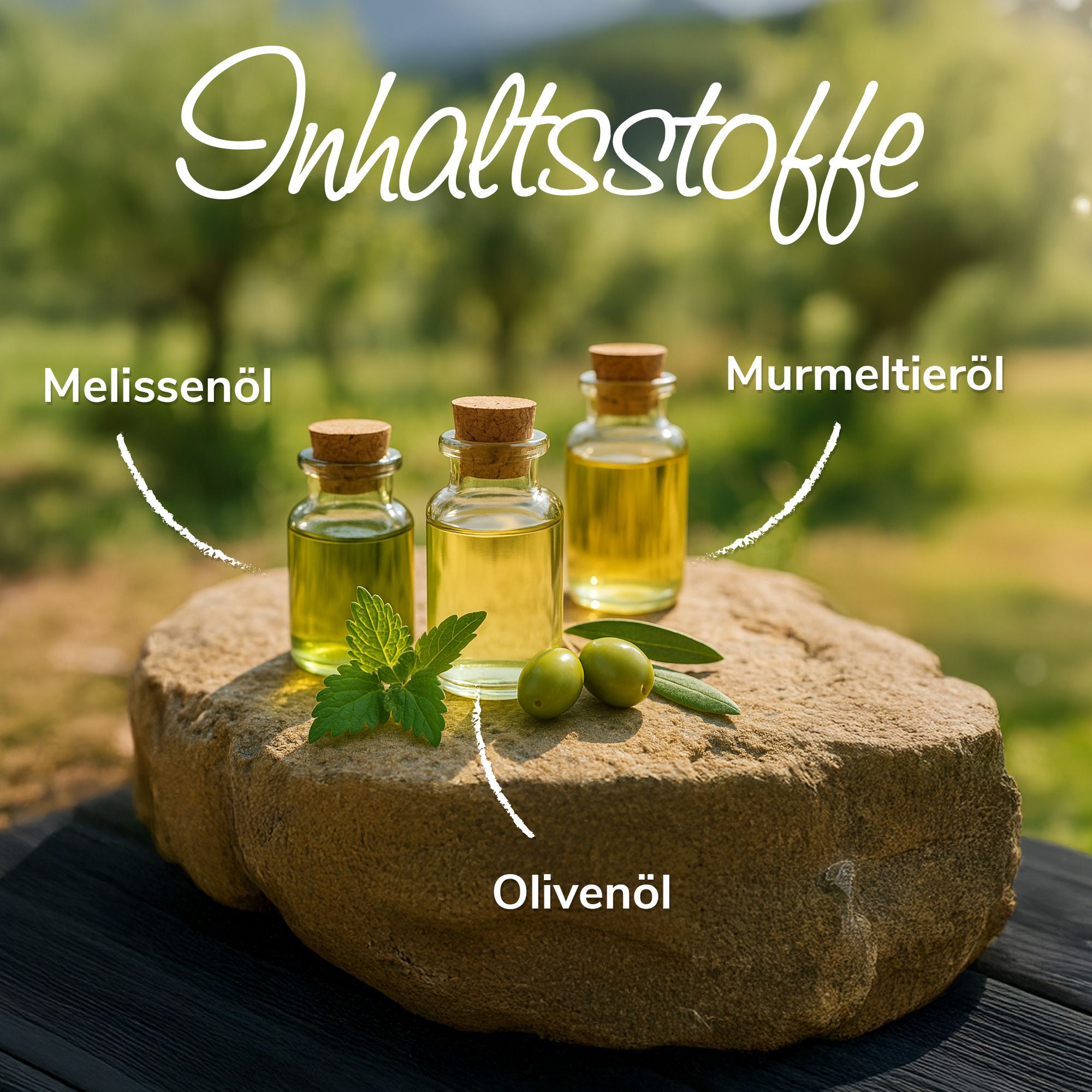 Drei kleine Glasflaschen mit Ölen, beschriftet mit Melissenöl, Murmeltieröl und Olivenöl. Auf Stein platziert.