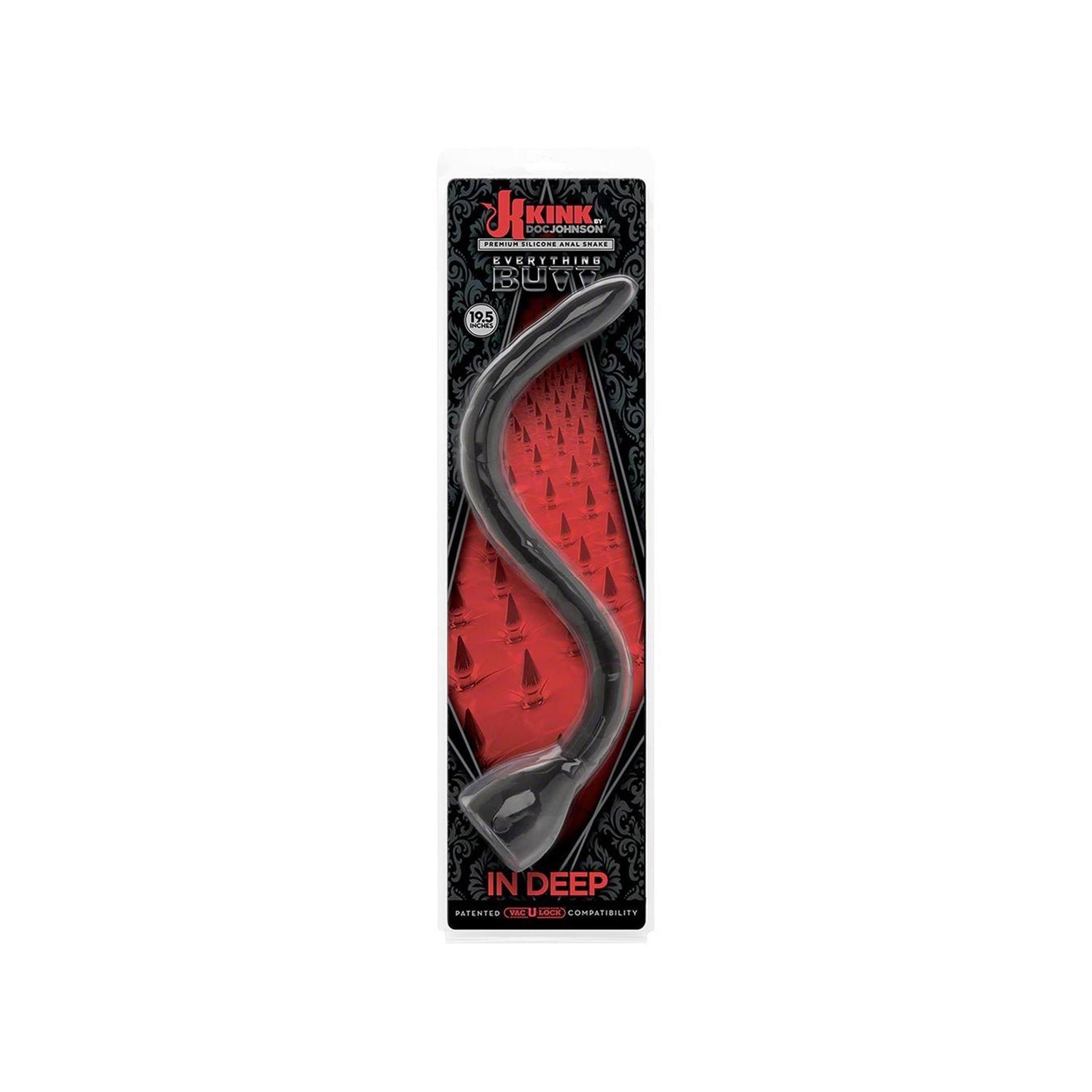 Schwarzes, wellenförmiges Wellness-Produkt aus Silikon in Verpackung. Mit Text: "IN DEEP".