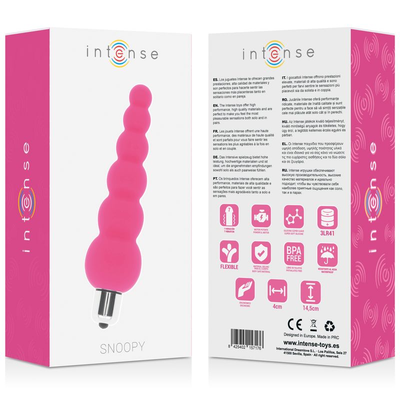 Verpackung von Intense Snoopy. Rosa Box mit Produktabbildung und Text. Logos und Informationen.