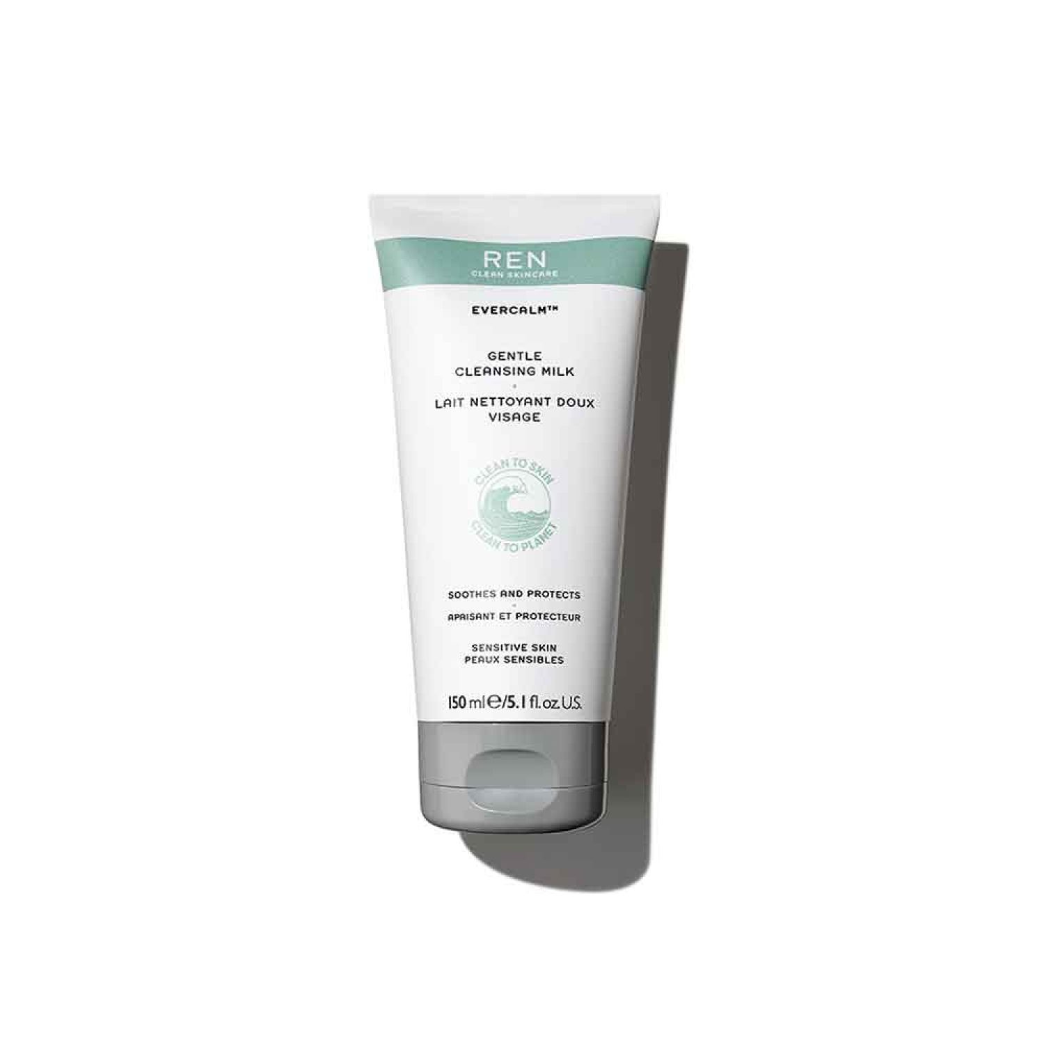 Weiß-grüne Tube mit Produktbezeichnung und Text. Aufschrift: EVERCALM Gentle Cleansing Milk. 150 ml.