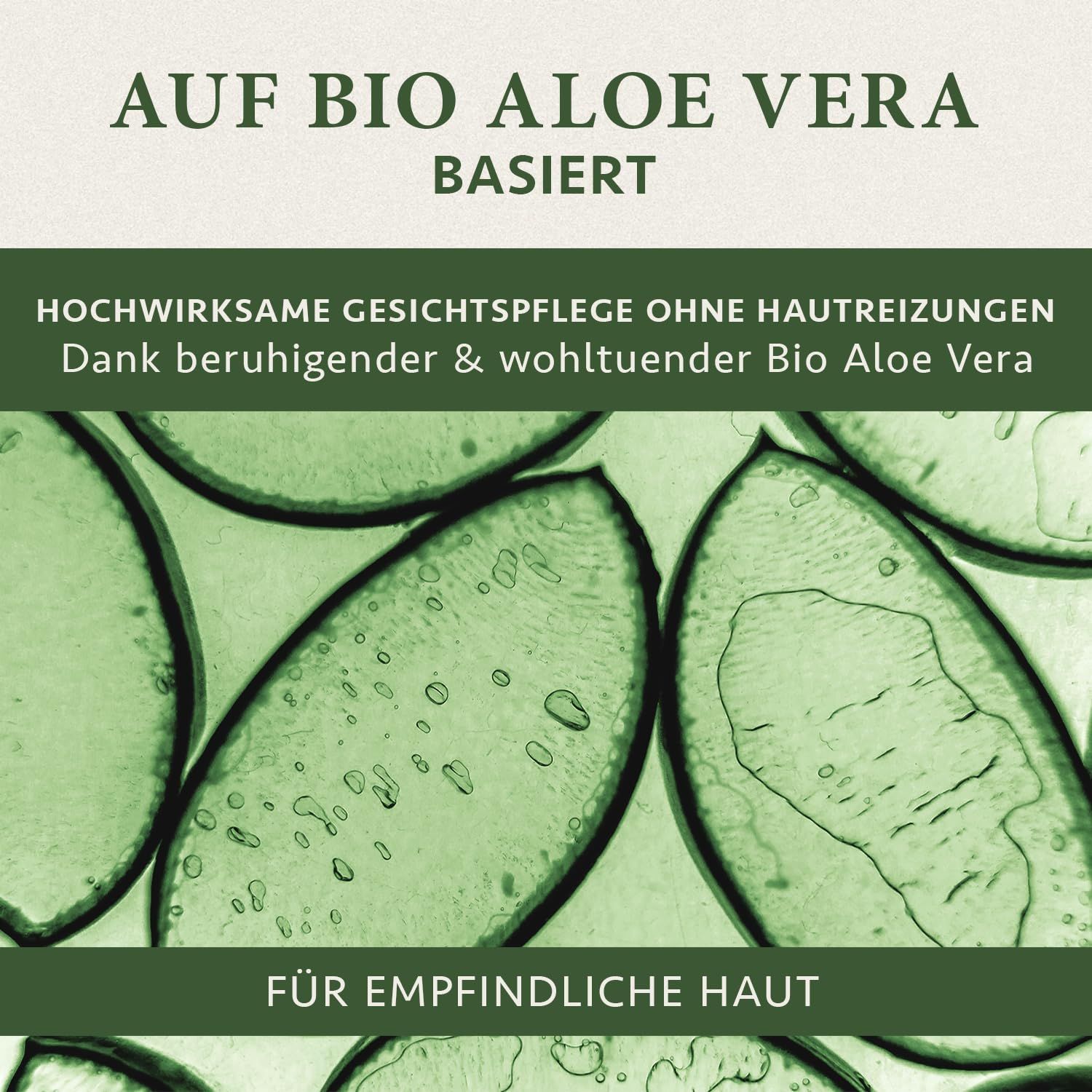 Nahaufnahme von grünen Blättern. Text: Auf Bio Aloe Vera basiert. Für empfindliche Haut.