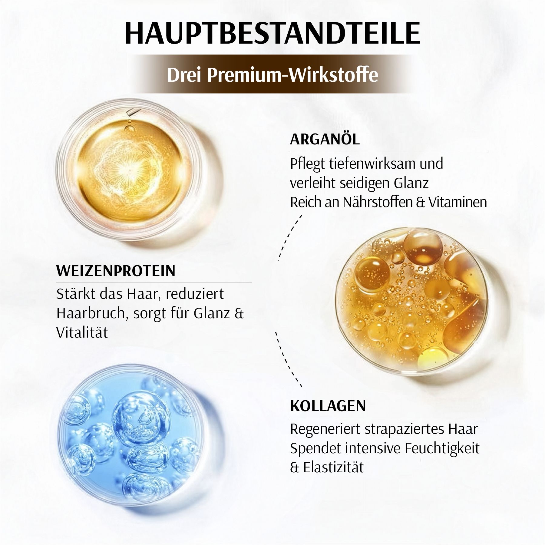 Drei transparente Behälter mit Inhaltsstoffen: Arganöl, Weizenprotein, Kollagen. Text: Hauptbestandteile.